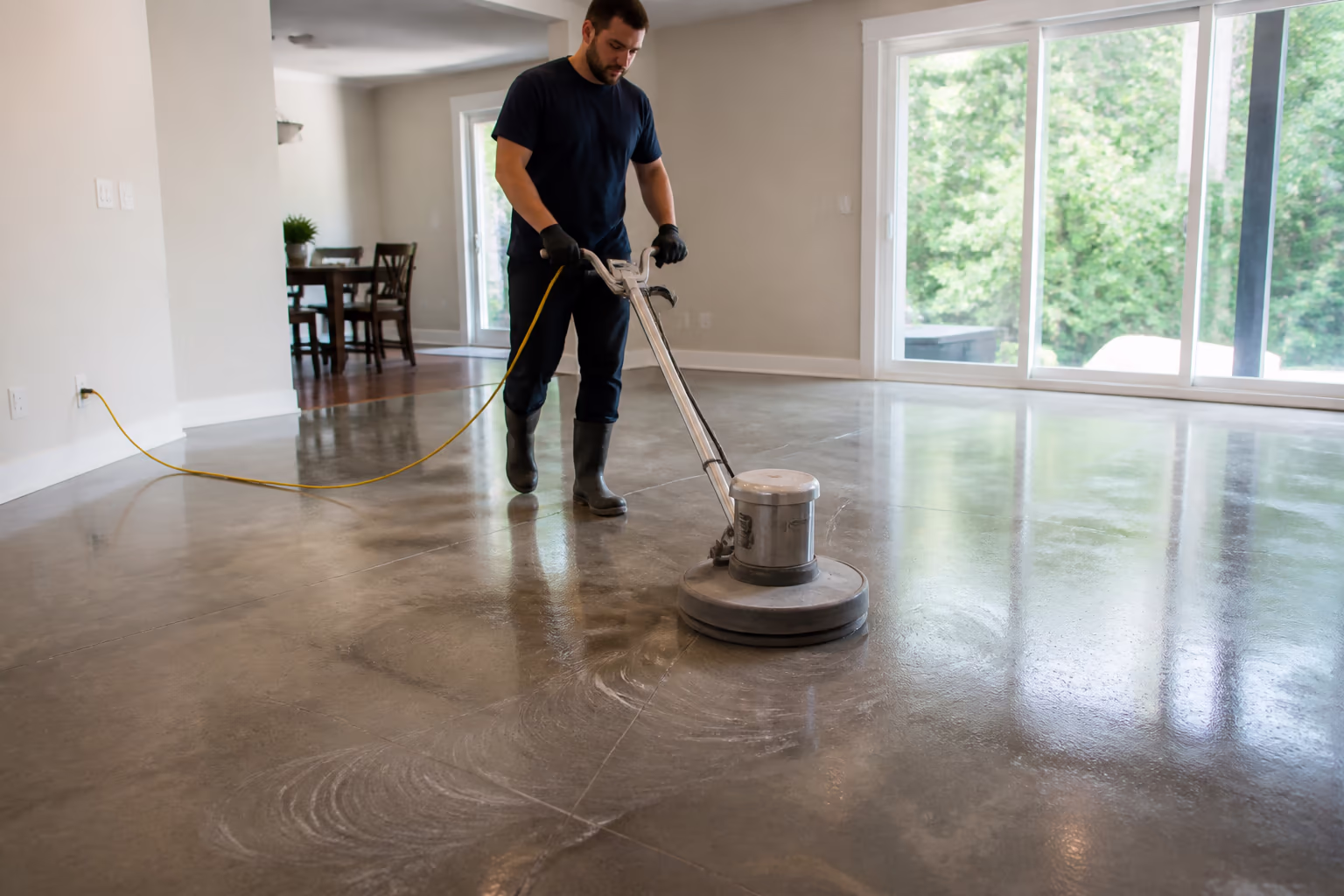 A floor-care technician with a mop and wheeled bucket on a polished Ottawa hard floor, capturing the strip, rinse and recoat sequence that keeps commercial and residential floors protected.