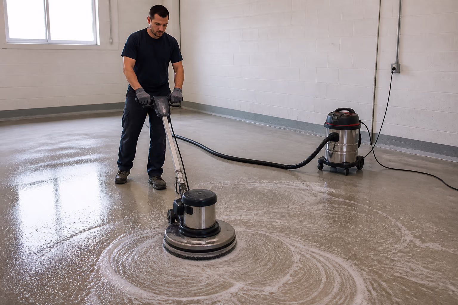 A wide view of a floor machine scrubbing a hard floor in an Ottawa commercial space while a wet vacuum waits beside it, capturing the strip, rinse and recoat sequence of a professional stripping and waxing job.