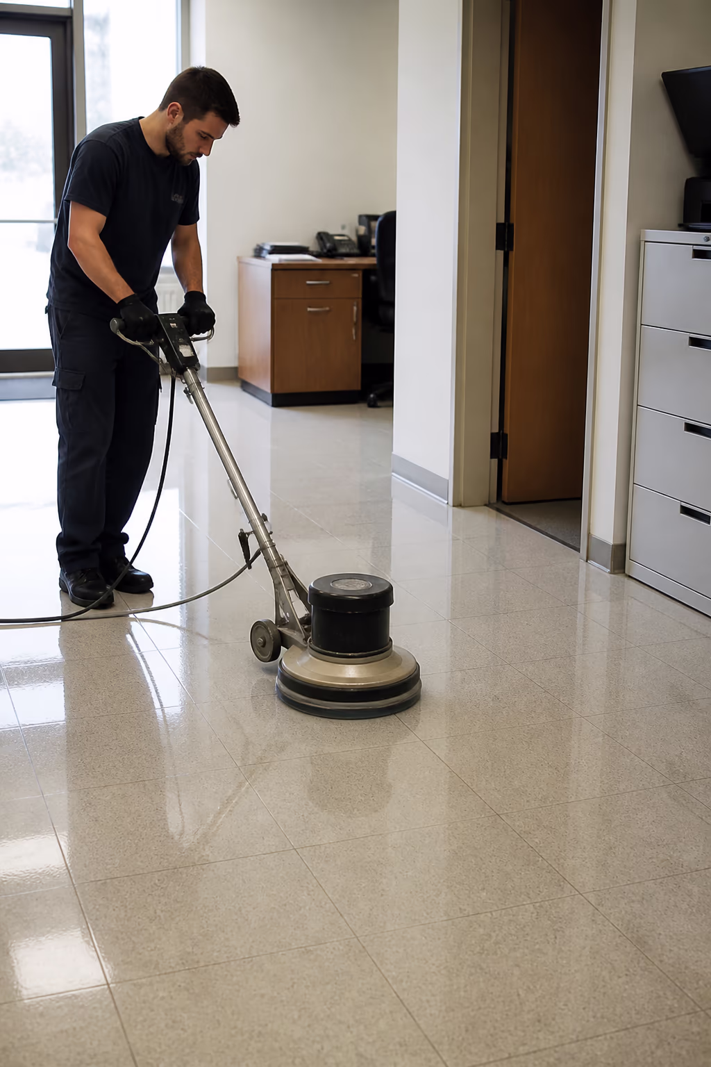 A portrait of a floor-care technician in uniform checking a freshly waxed hard floor in an Ottawa office, with a mop and bucket nearby, capturing the trained team behind a durable stripping and waxing finish.