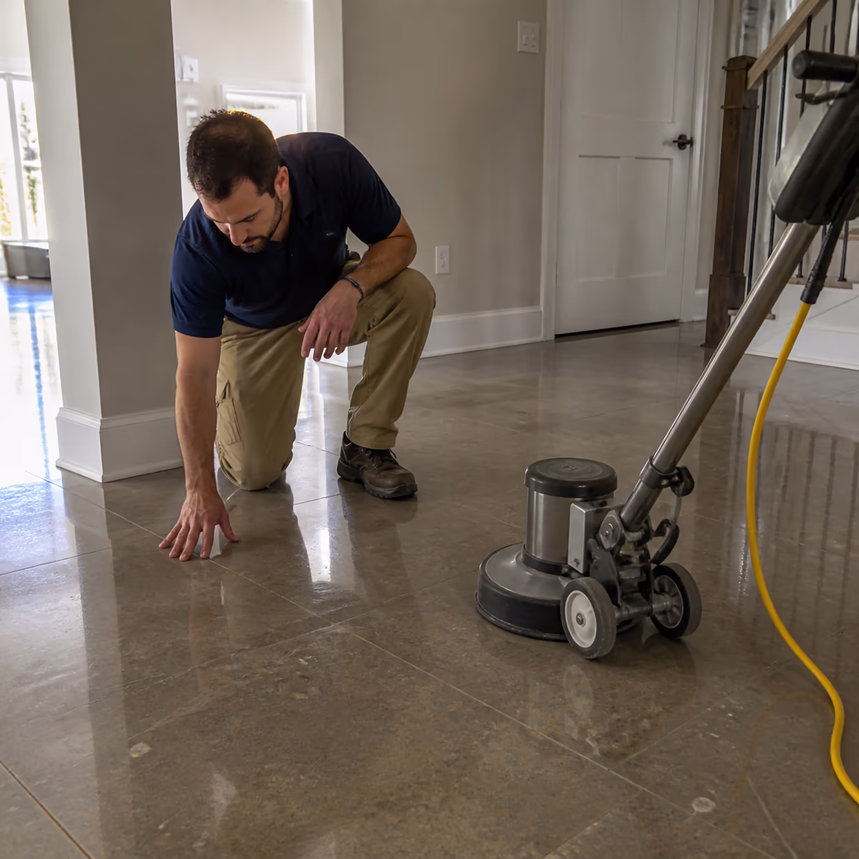 A square view of a floor-care technician inspecting a polished hard floor in an Ottawa building, checking the finish for dullness and traffic wear before a stripping and waxing service.
