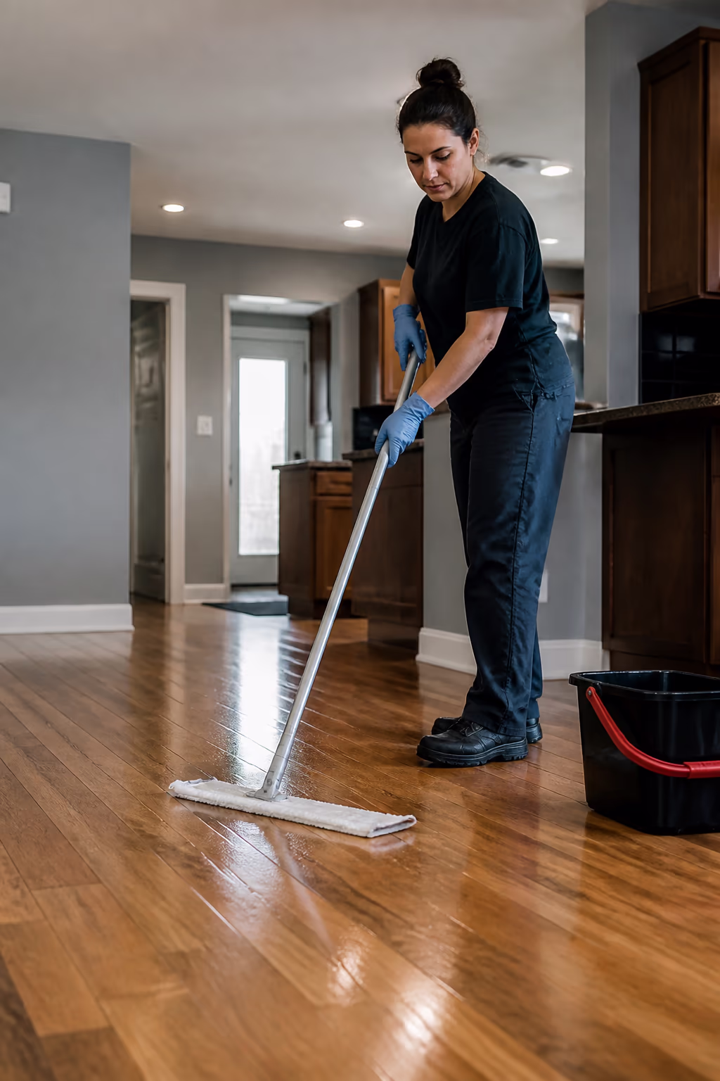 A portrait of a floor-care technician in uniform with a floor finish applicator and a bucket of fresh finish, ready to apply thin, even coats in an Ottawa building.