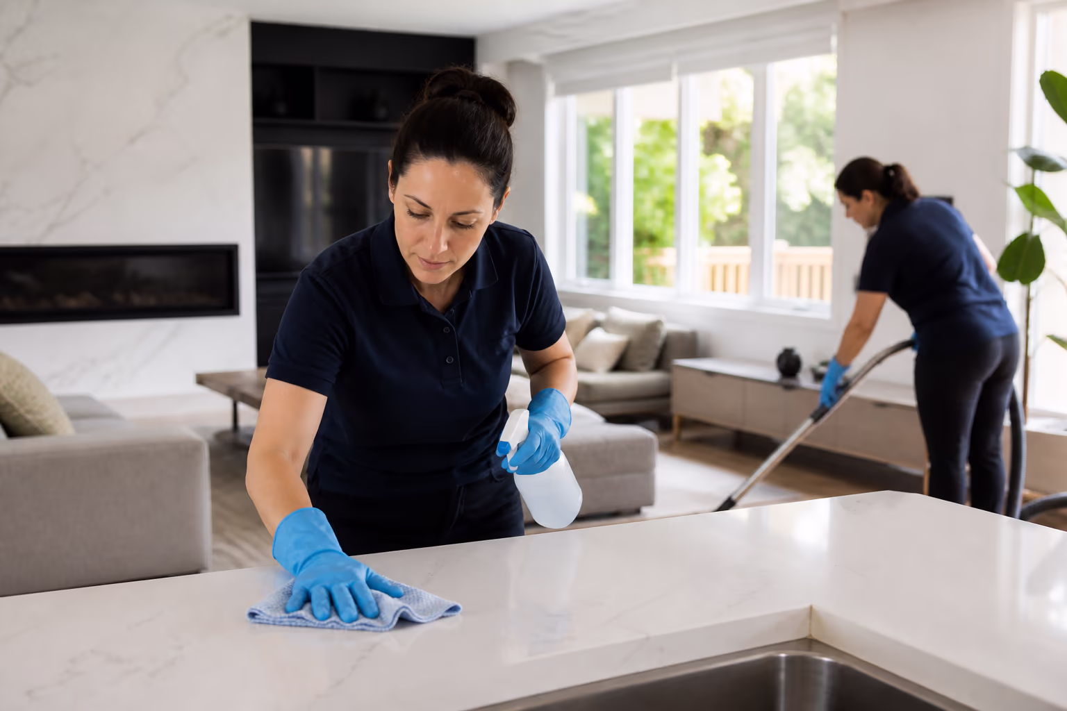 Three cleaners in matching uniforms in a bright Ottawa home, capturing the trained, background-checked team that backs a fair maid service rate in Ottawa.