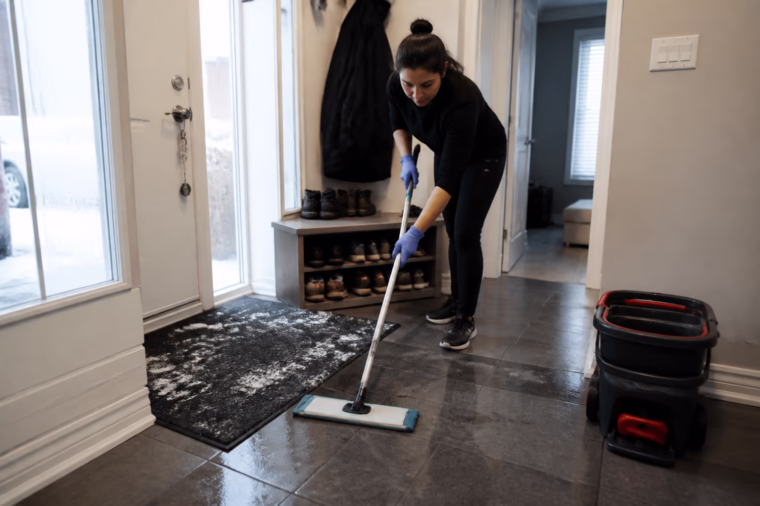 A wide view of a cleaner mopping a winter Ottawa entryway, working salt and sand residue off the matting and hall tiles before they dull the finish, capturing how seasonal conditions change the scope of a clean.