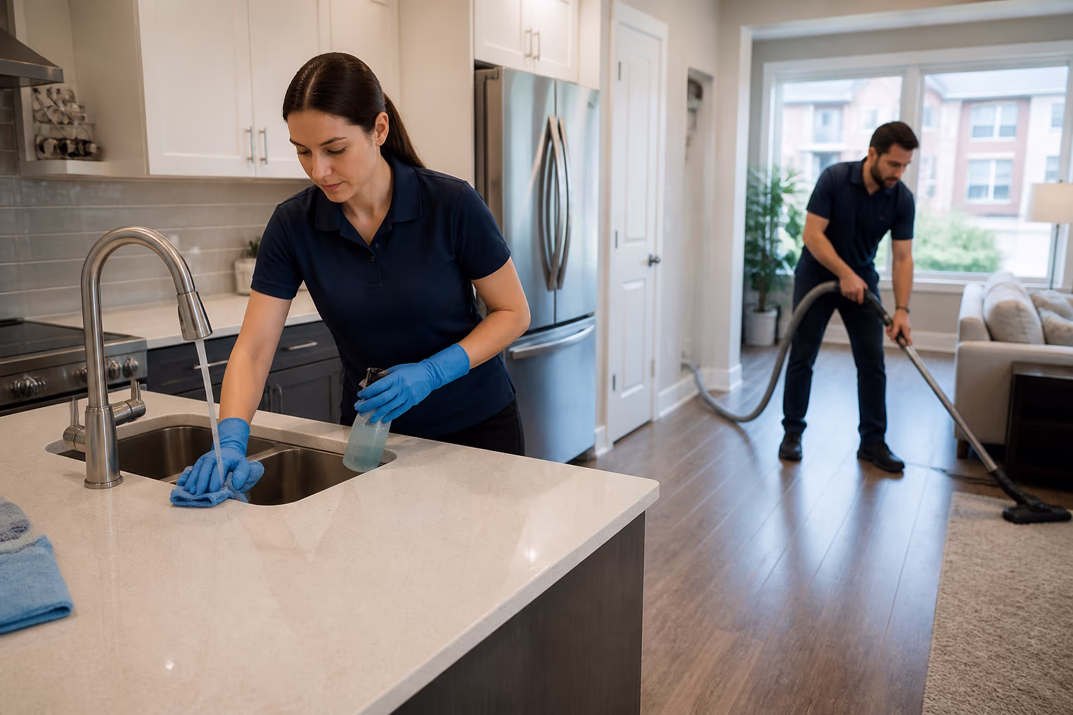 Three cleaners in matching uniforms in a bright Ottawa home, capturing the trained, background-checked team behind a profitable cleaning business.