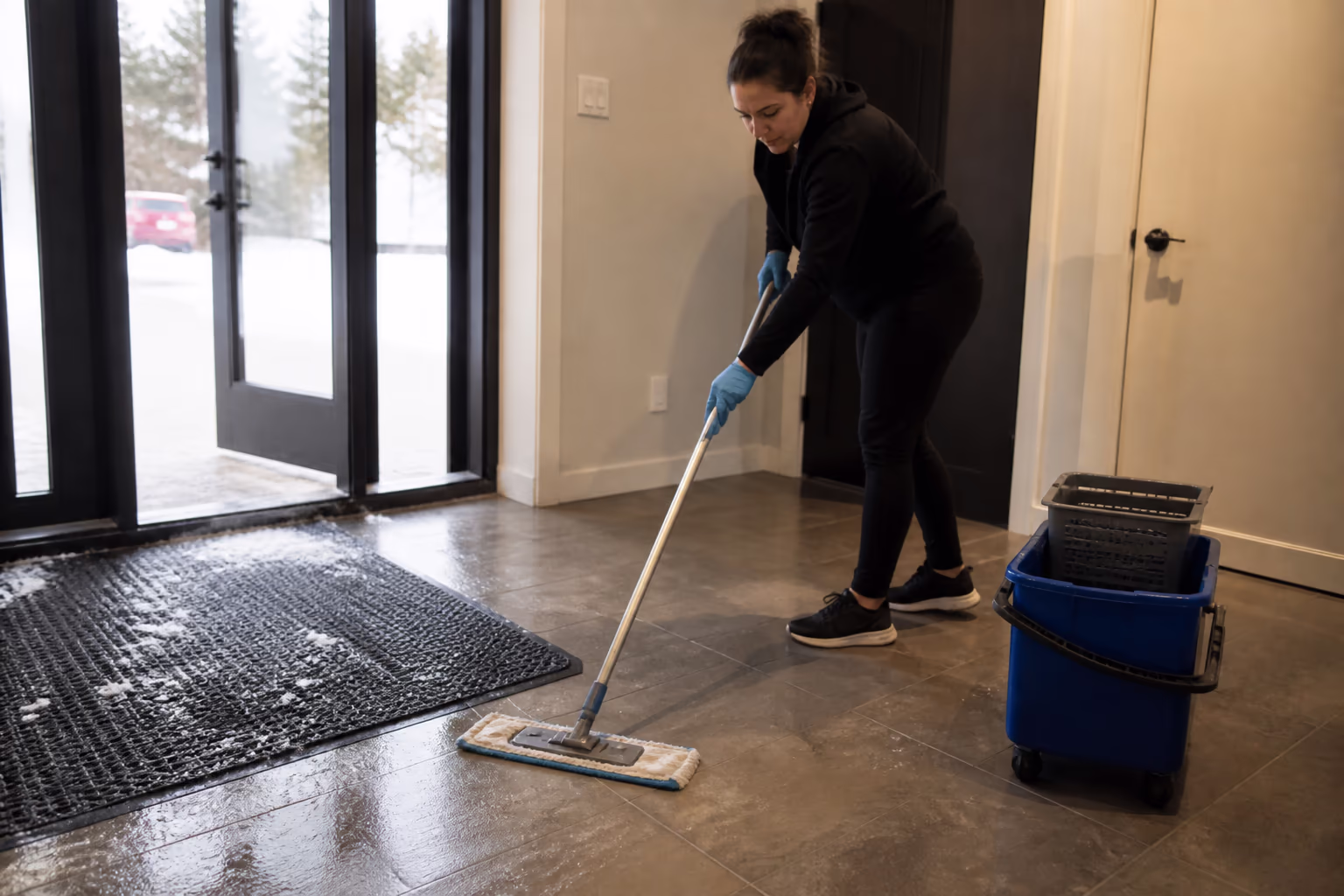 A wide view of a cleaner mopping a winter Ottawa entryway, working salt and sand residue off the matting and hall tiles, capturing how seasonal conditions shape a profitable cleaning business.