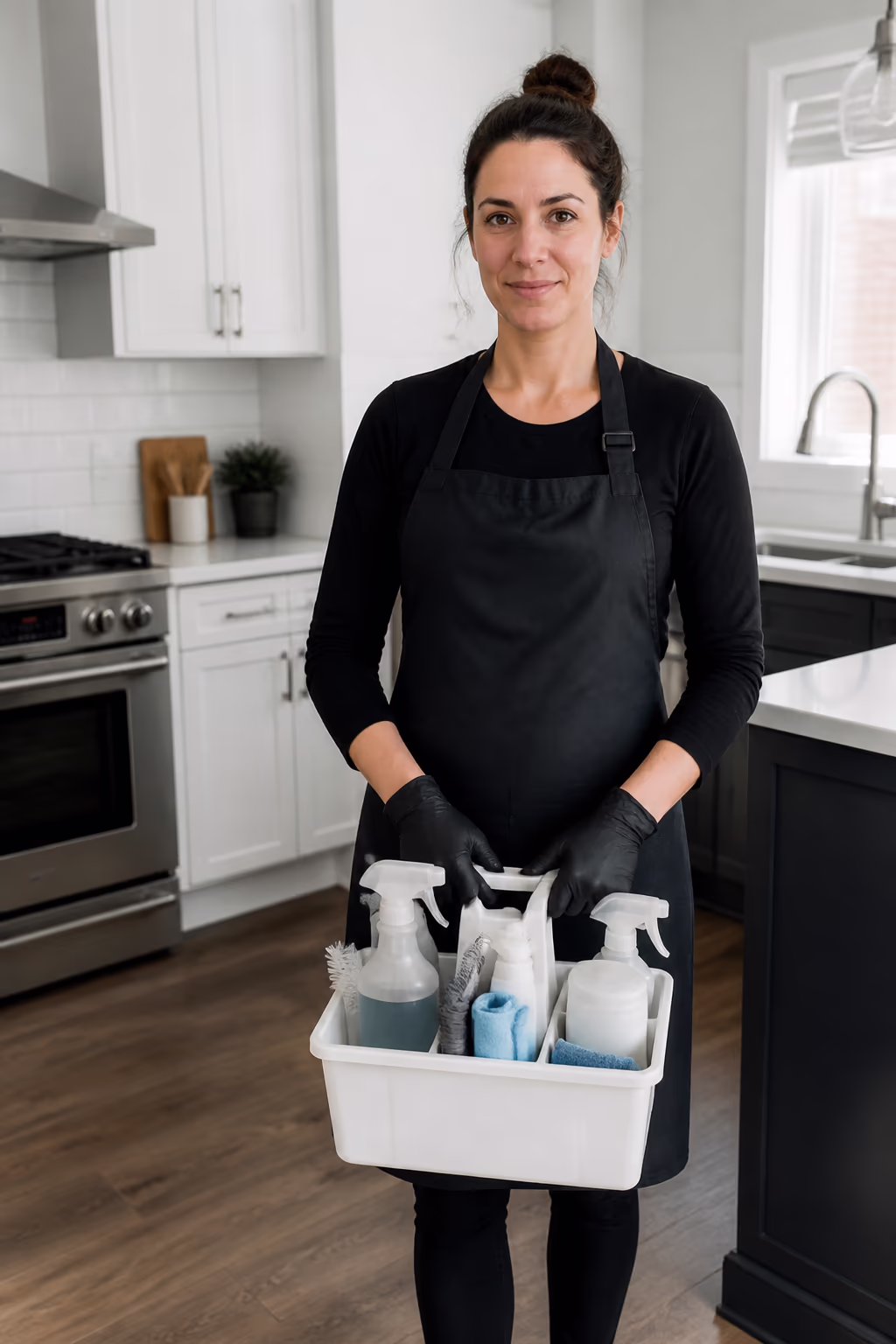 A portrait of a cleaner holding a supply caddy in a bright Ottawa kitchen, capturing the supplies and equipment that shape what a cleaning business must plan for.
