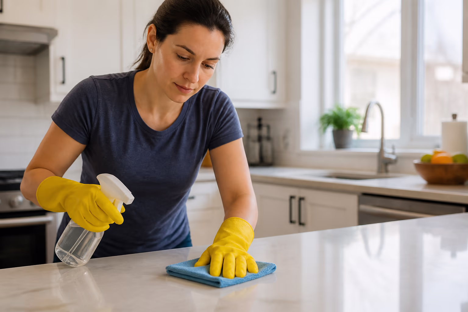A residential cleaner with a spray bottle and microfibre cloth sanitizing a kitchen counter in a bright Ottawa home, capturing the everyday sanitising routine that keeps surfaces fresh and food-safe.