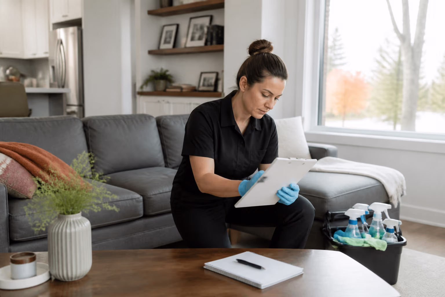 A wide view of a cleaner in a bright Ottawa living room reviewing a cleaning routine, capturing how the seasons shape a sanitising and disinfecting plan.