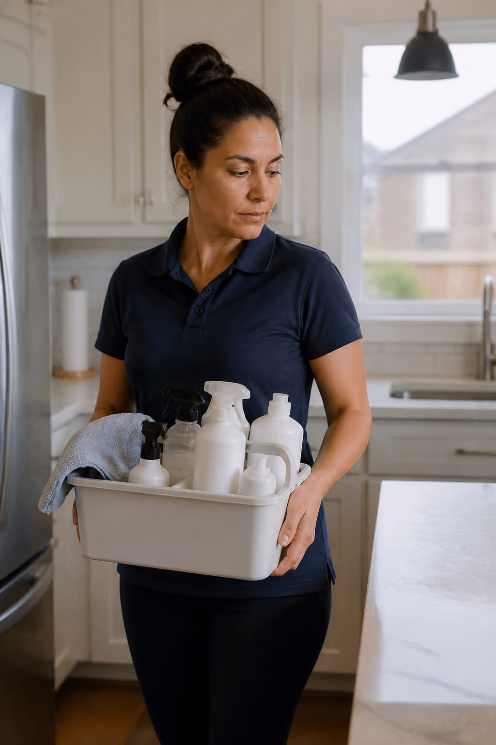 A portrait of a cleaner holding a supply caddy in a bright Ottawa home kitchen, capturing the food-safe sanitising products and disinfectants chosen for a household.