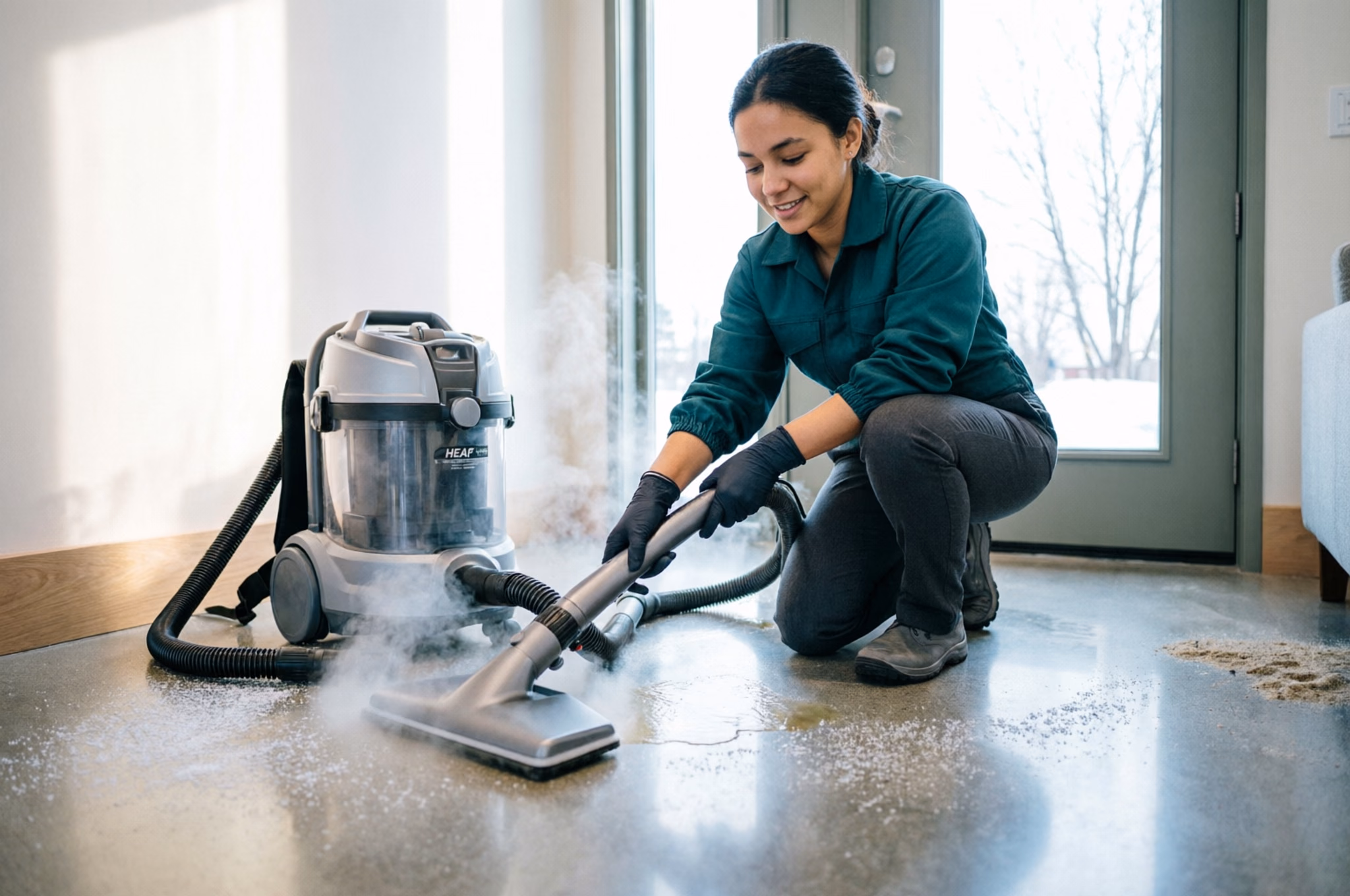 A wide view of a cleaner steaming salt and sand off an Ottawa entryway floor in winter, capturing how steam lifts the greasy salt film that a plain mop only spreads.