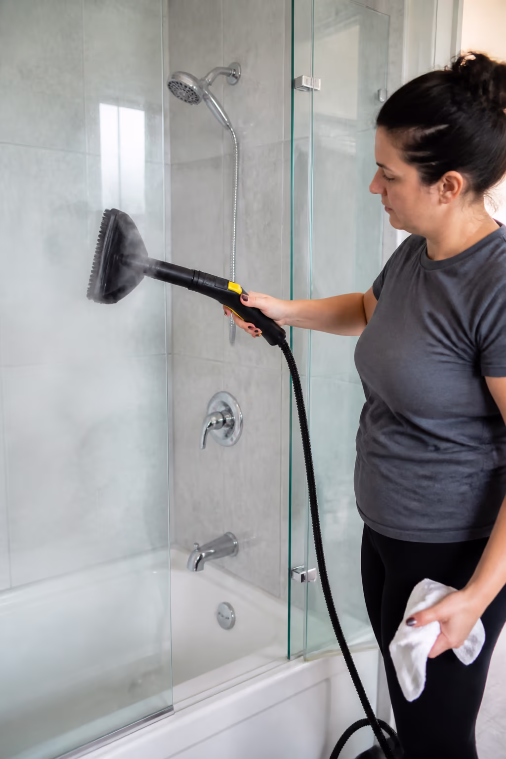 A portrait of a cleaner holding a steam cleaner in a bright Ottawa home bathroom, capturing the tool used on sealed hard surfaces where heat lifts soap scum and grime.