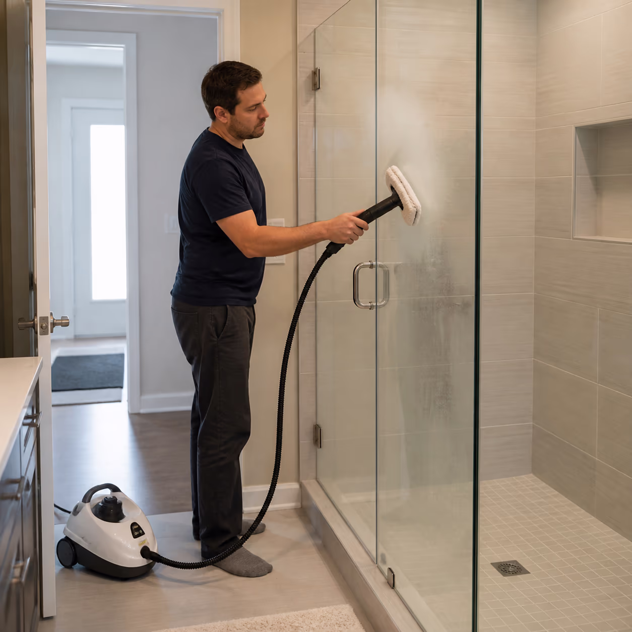 A square view of a cleaner moving a steam cleaner between the kitchen, bathroom and entryway of an Ottawa home, capturing how the same machine does different work in each room.