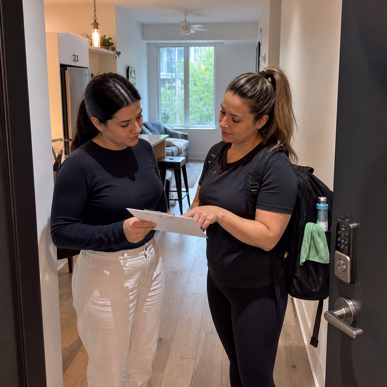 A square view of a host and a professional cleaner reviewing a turnover checklist at the door of a compact Ottawa short-term rental, capturing how a confirmed scope and window keep the partnership running smoothly.