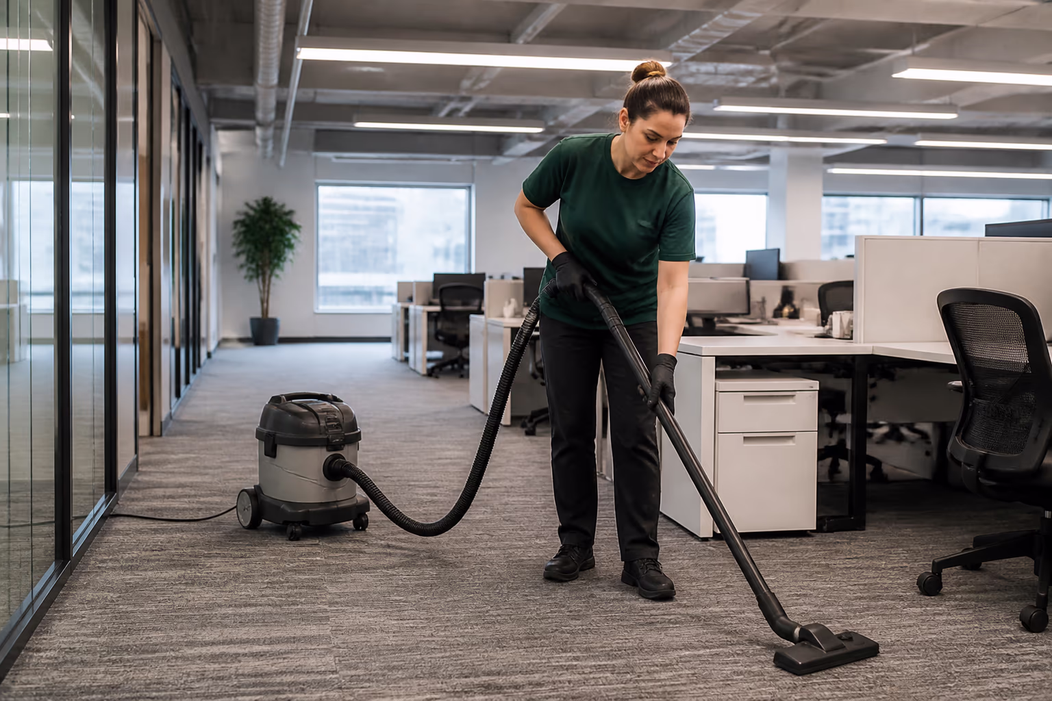 A two-person commercial cleaning team in green uniforms servicing an open-plan office in Ottawa, wiping desks and vacuuming a carpeted aisle during an after-hours visit.
