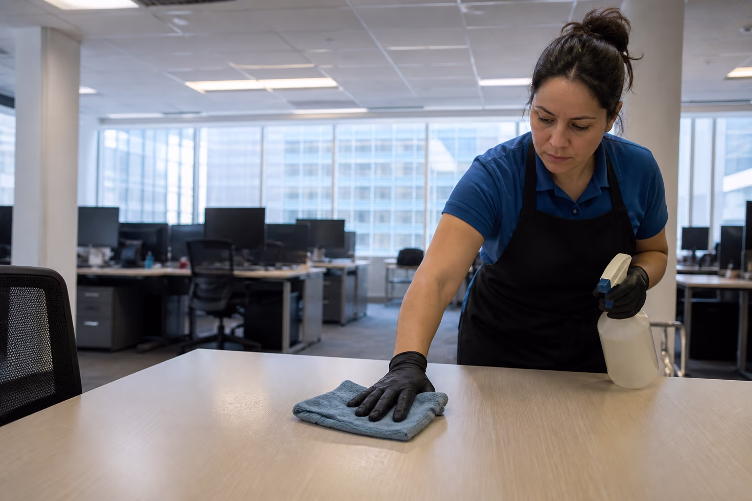 A wide view of an open-plan office in Ottawa being serviced by a commercial cleaning team, capturing how the size, surfaces and standards of a building shape its hourly rate.