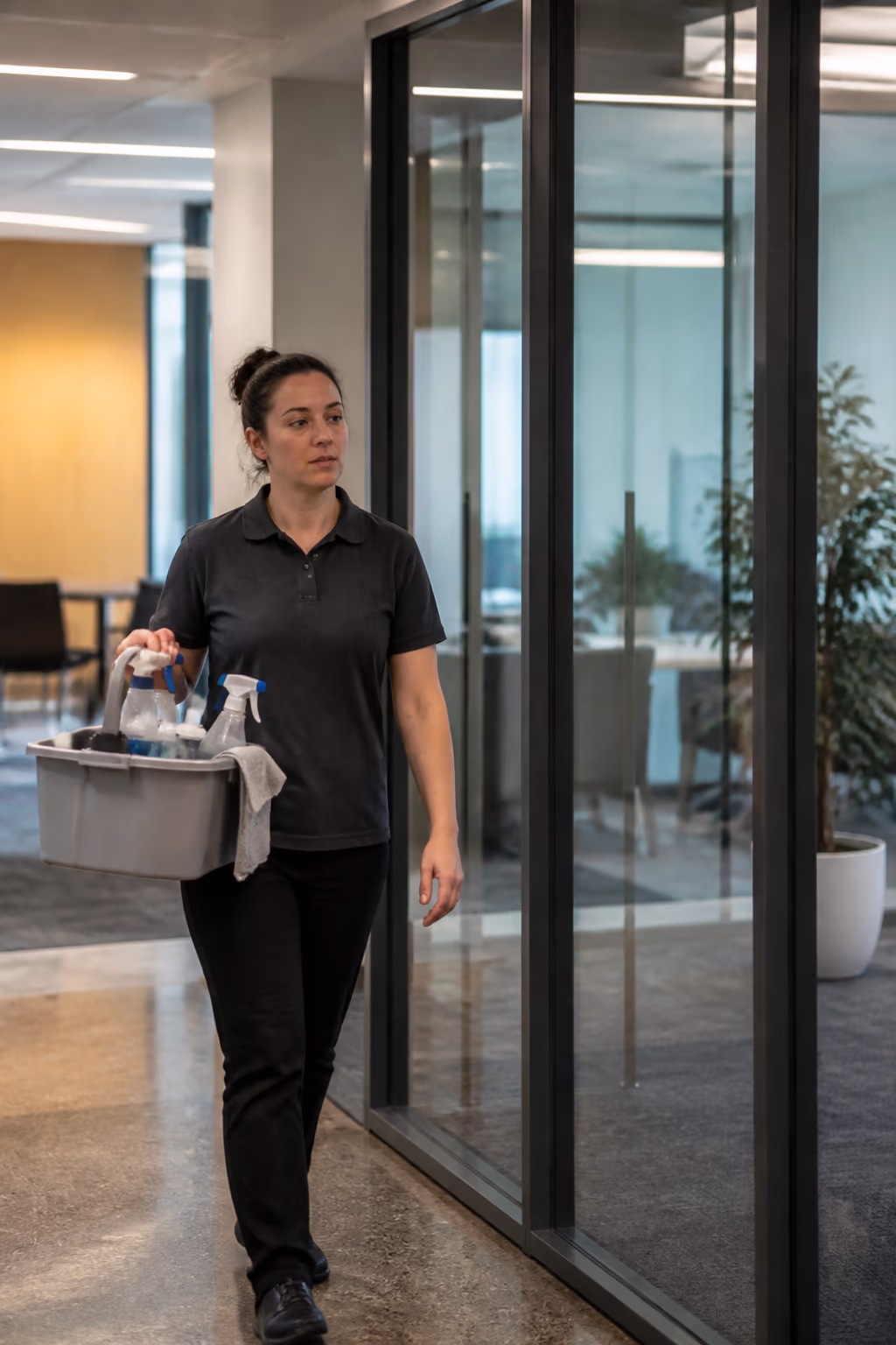 A portrait of a commercial cleaner carrying a supply caddy past a glass wall in an Ottawa office, capturing the equipment, products and supervision that sit behind a commercial hourly rate.