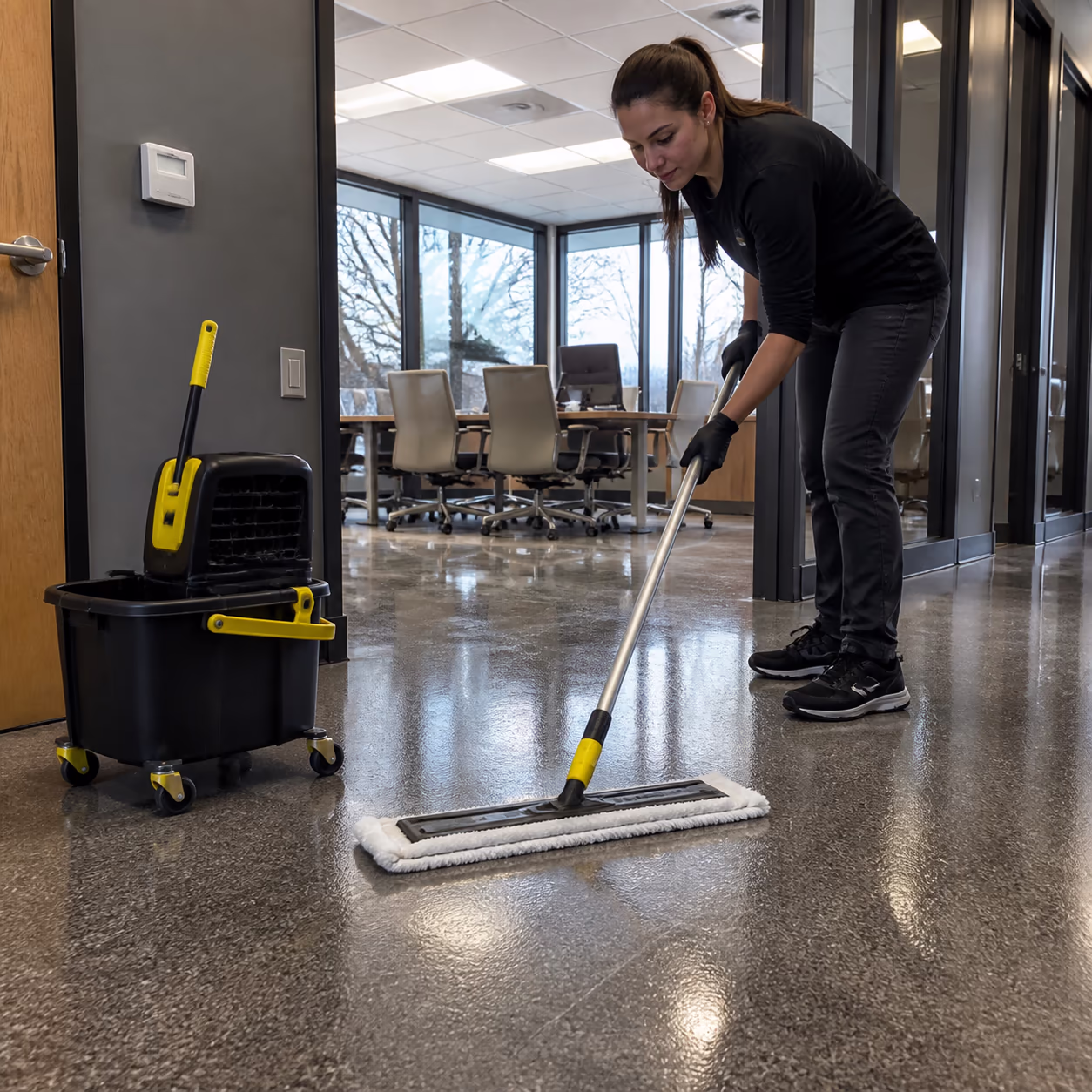 A floor-care machine and a wheeled bucket parked on a polished office floor in Ottawa, capturing the commercial equipment that replaces a household mop and bucket at scale.