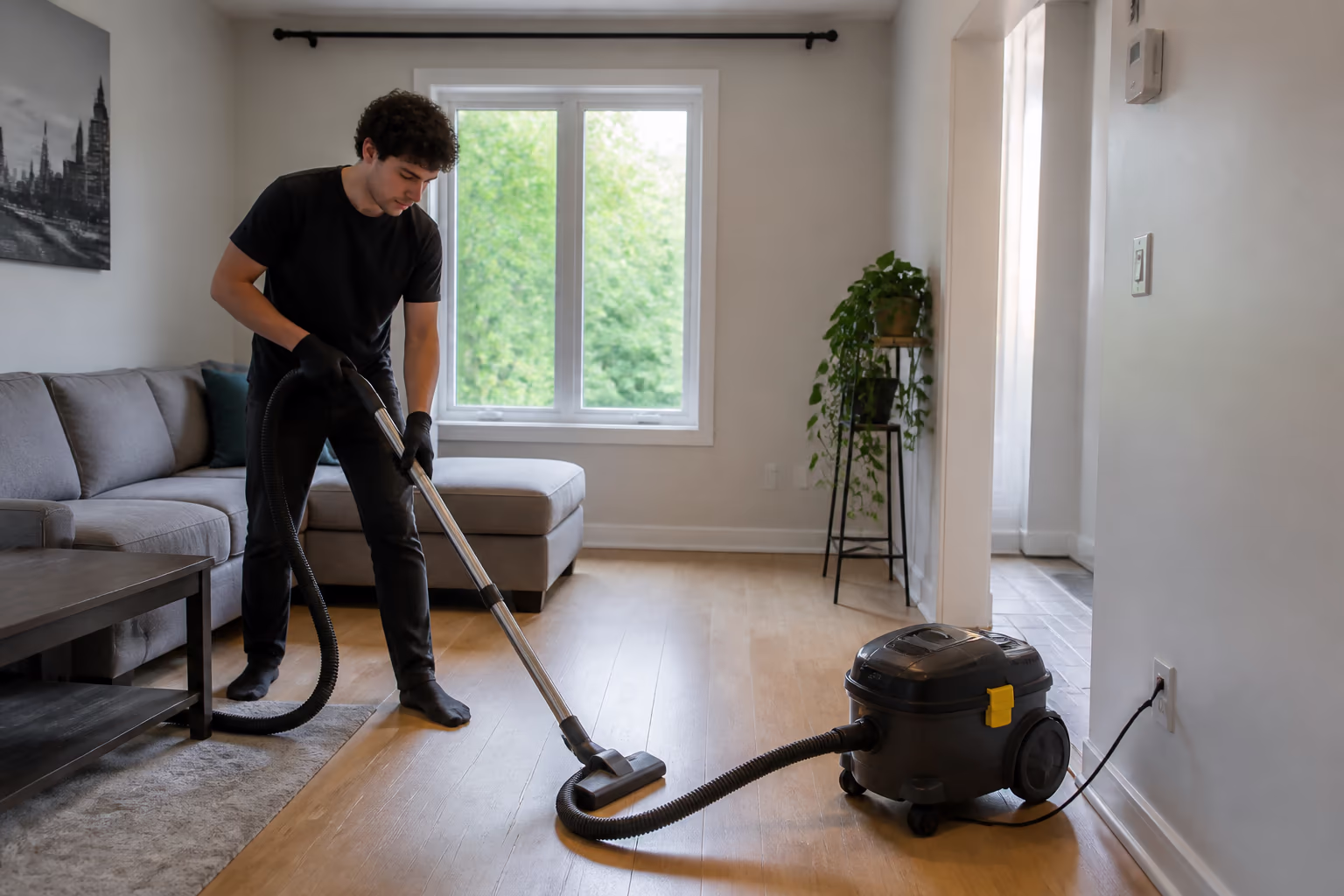 Two professional cleaners vacuuming a bright, uncluttered living room in Ottawa, capturing the home surfaces where recurring dust settles between cleanings.