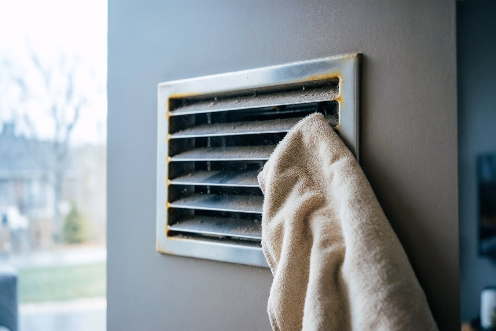 A close view of a supply vent and its grille on a wall in an Ottawa home, with a soft cloth wiping the vent surface, capturing how dust collects where conditioned air enters a room.