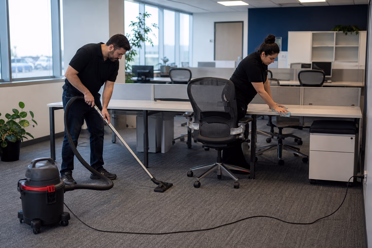 Two cleaners working a bright modern office, one mopping the floor while the other wipes a desk beside a window wall.