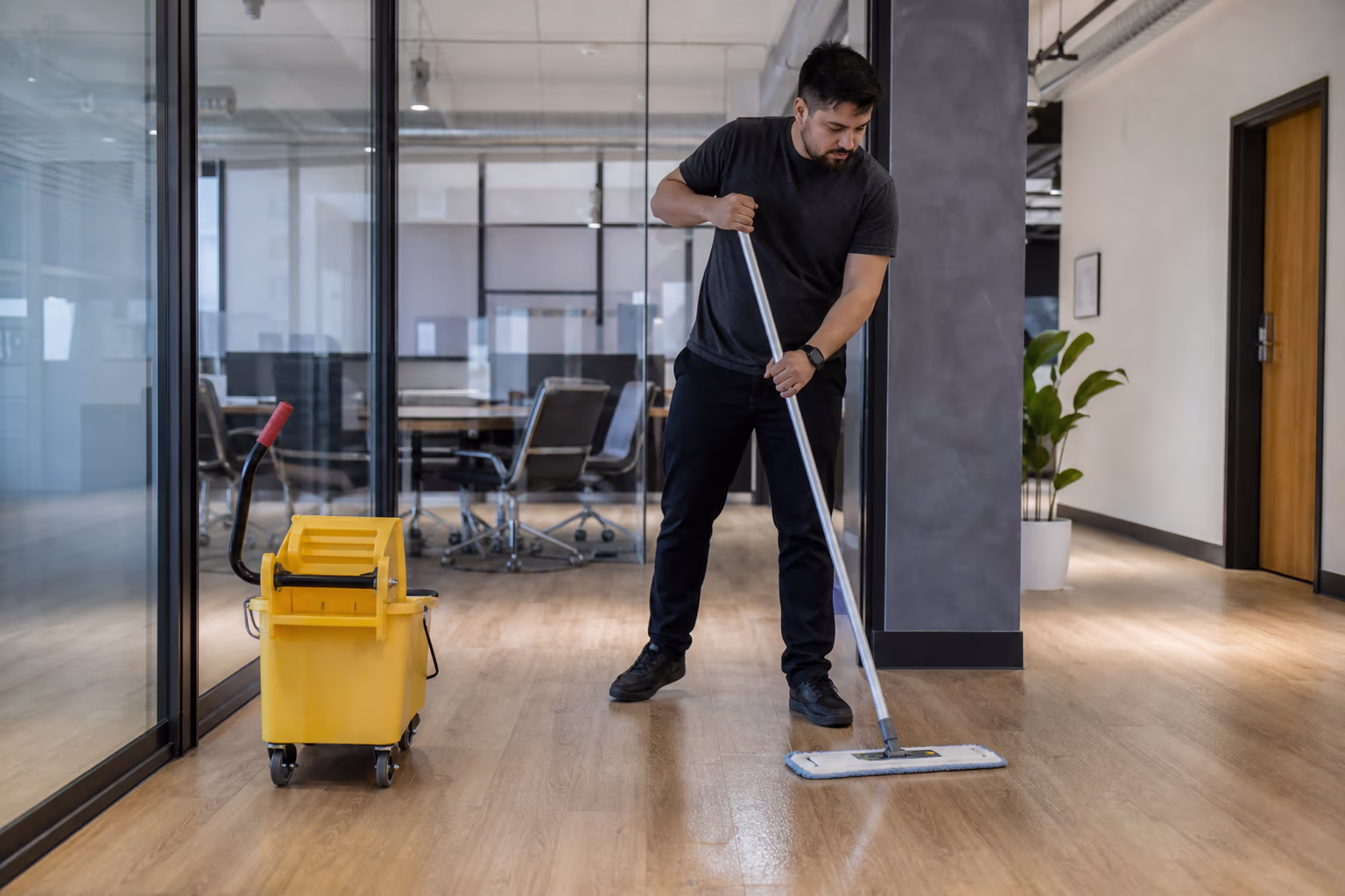 Mop and wheeled bucket on a polished floor