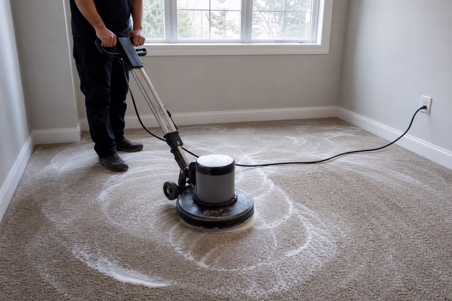Floor cleaning machine working foam into carpet