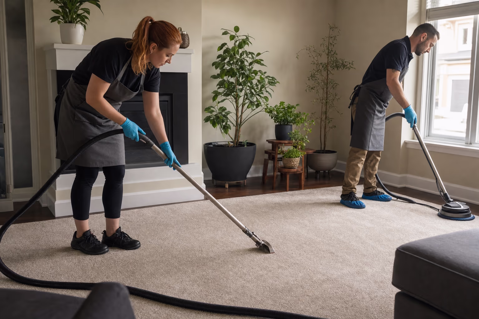 Three cleaners in aprons inside a bright room