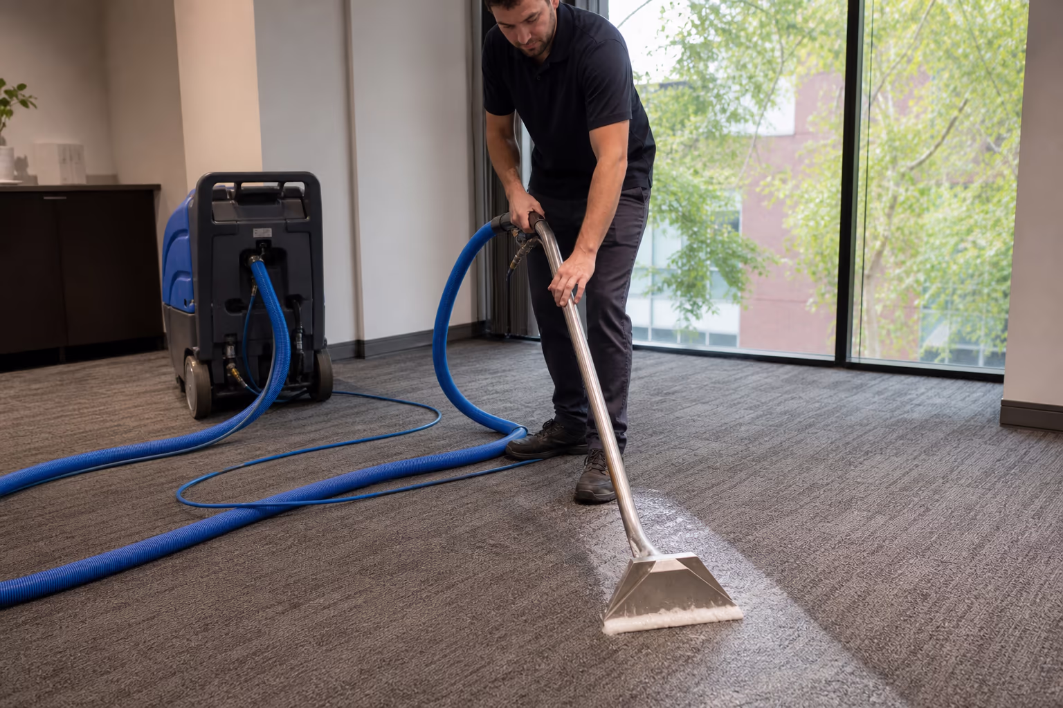 Commercial carpet extraction equipment working across carpet
