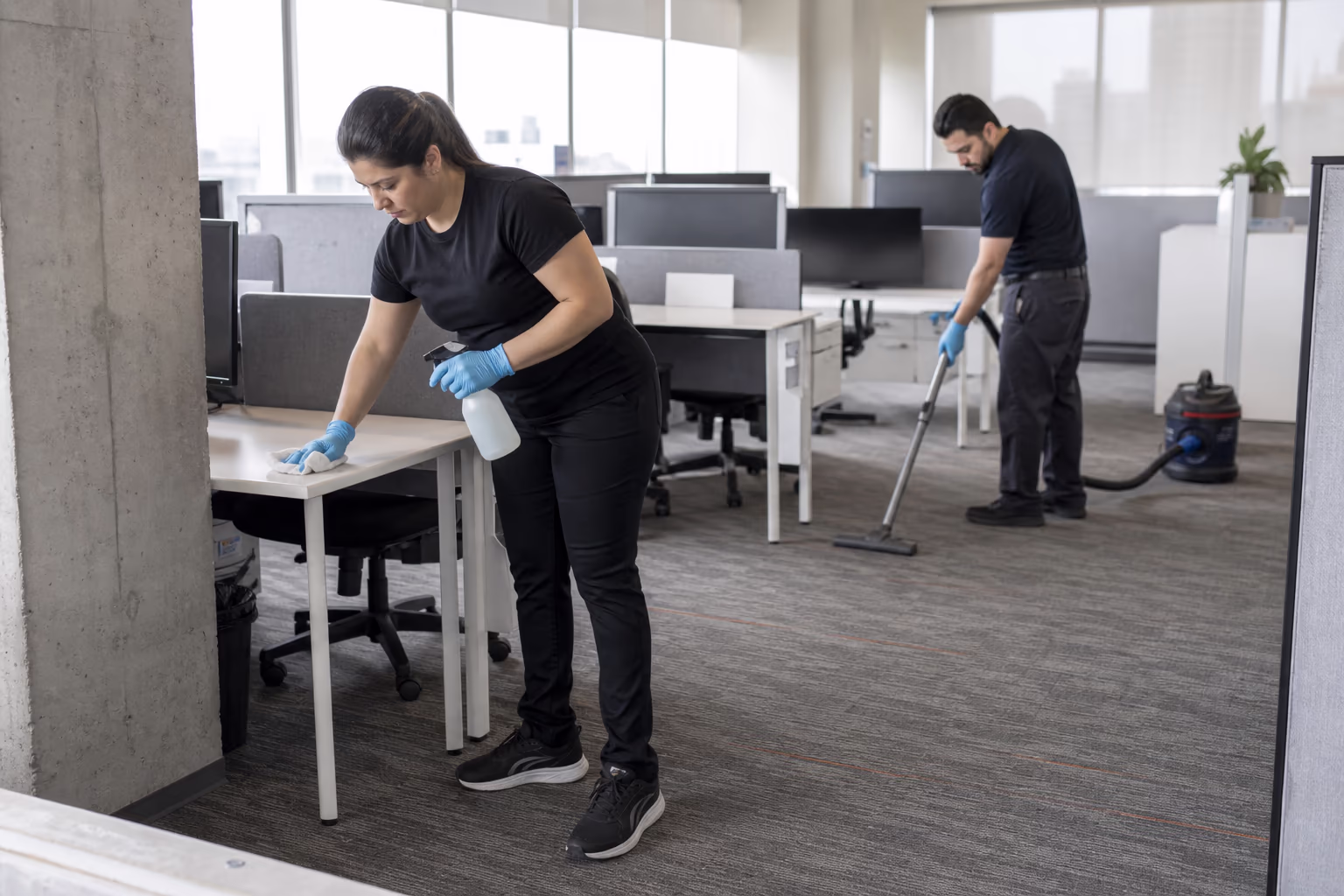 Two cleaners working among desks in an open-plan office