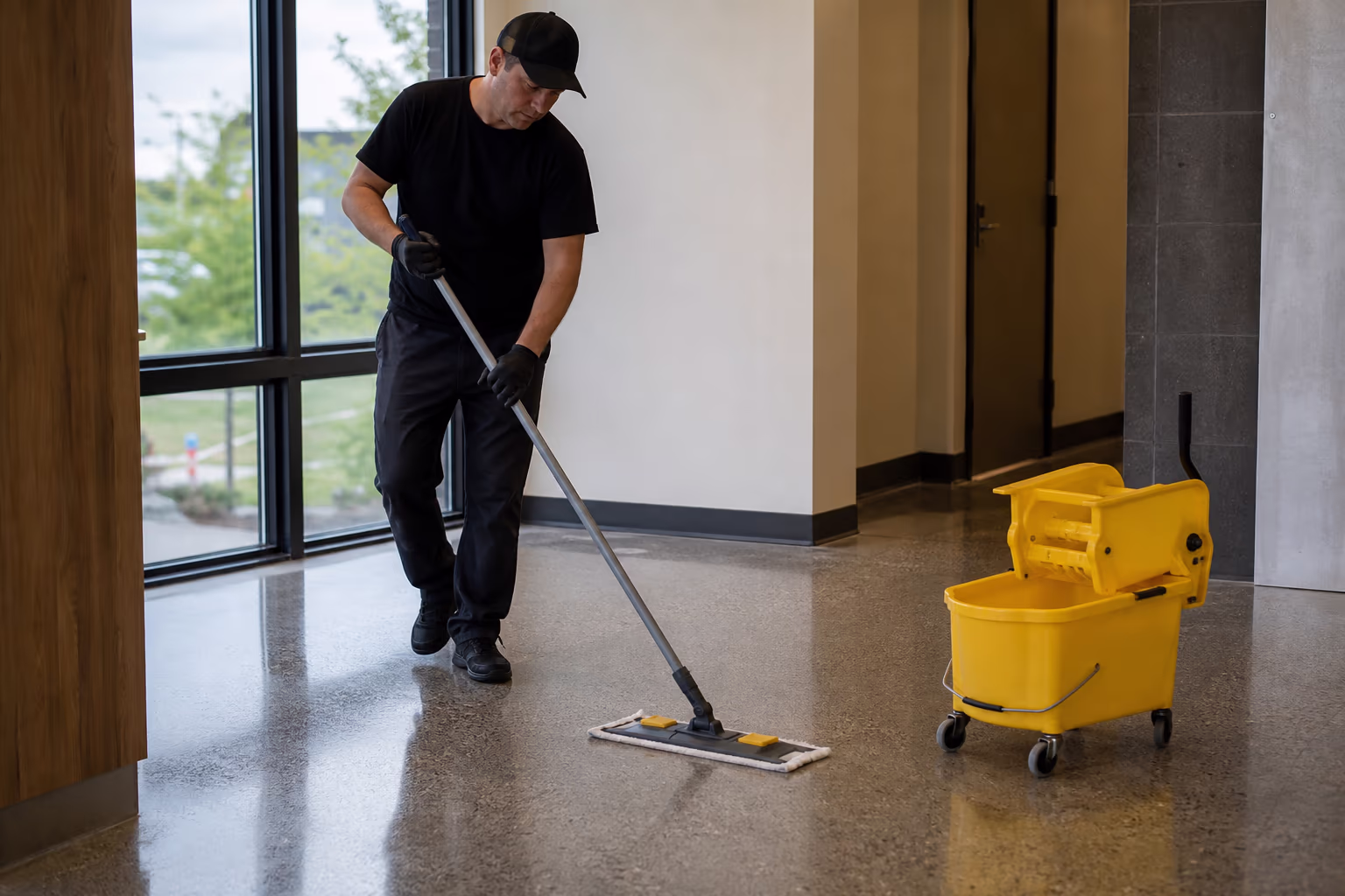 A mop and wheeled bucket on a polished floor