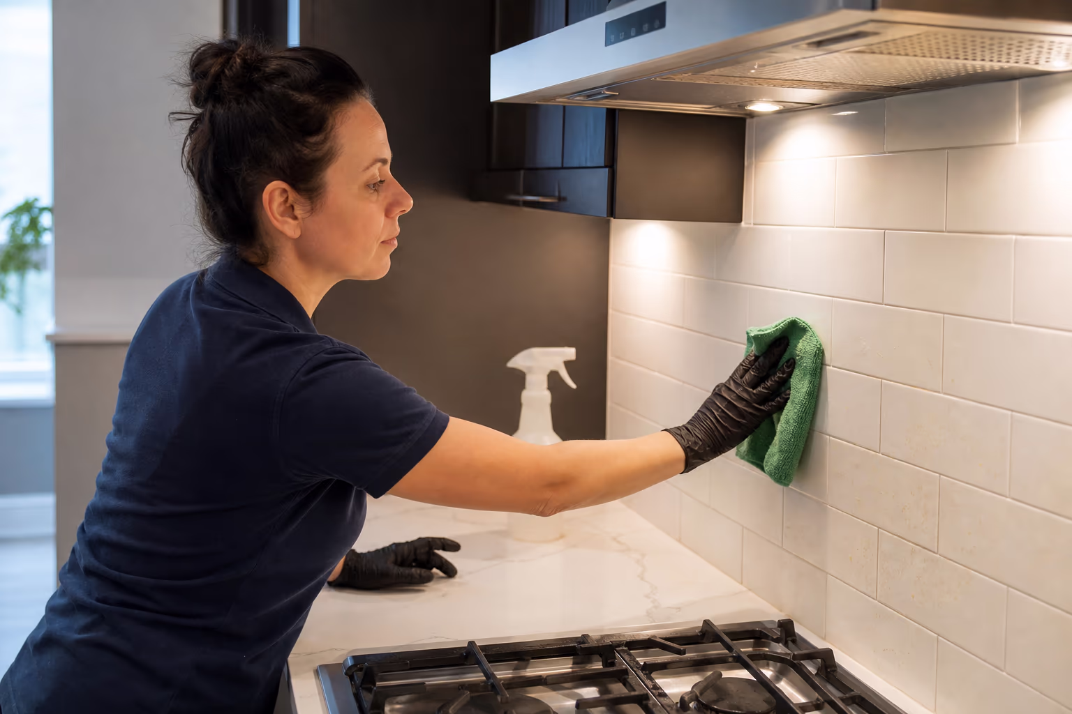 Professional spray bottle and microfiber cloth on a clean kitchen surface