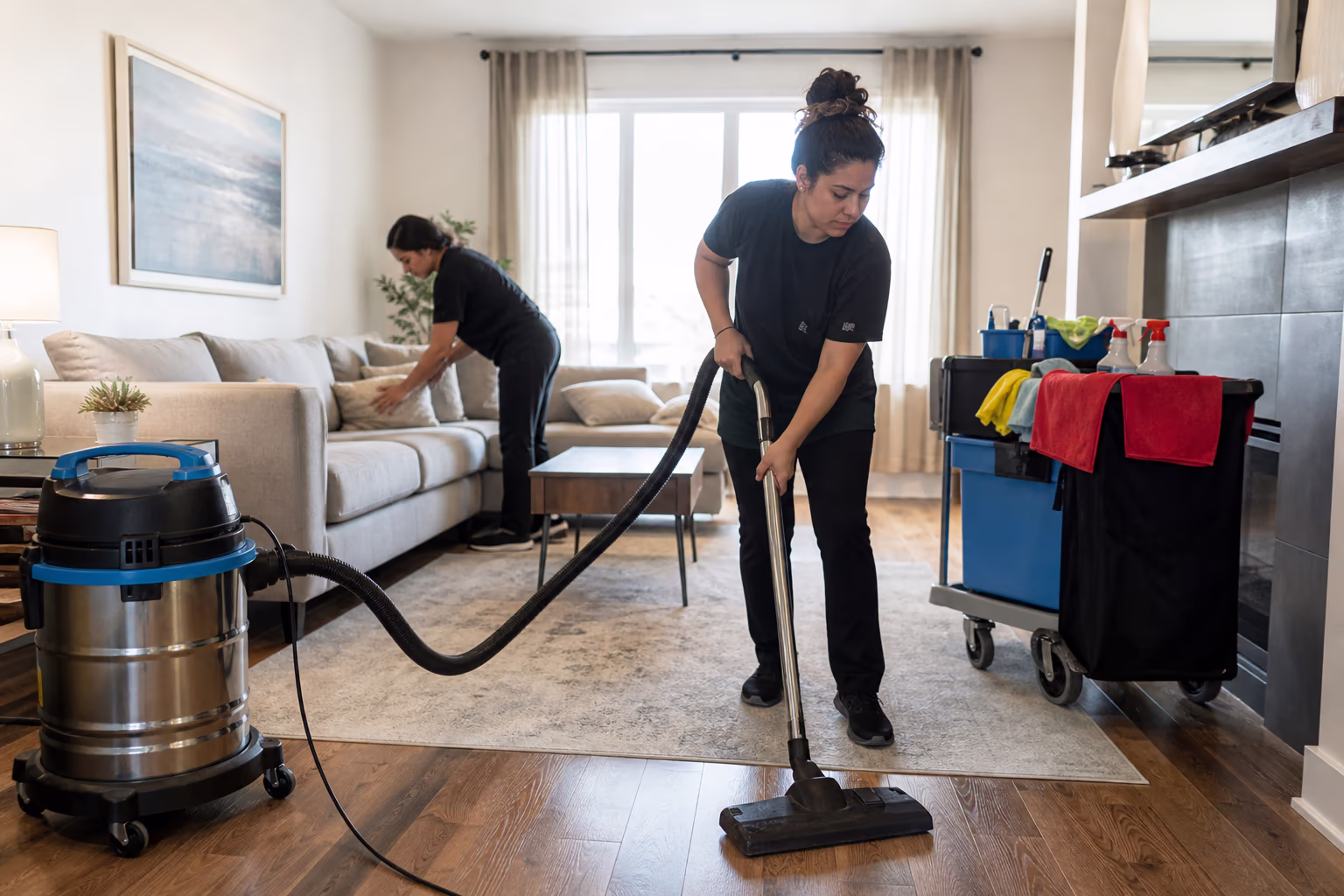 Two cleaners vacuuming a living room beside a cleaning cart