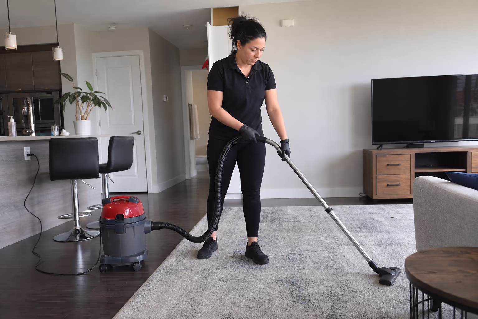 Two cleaners vacuuming a living room