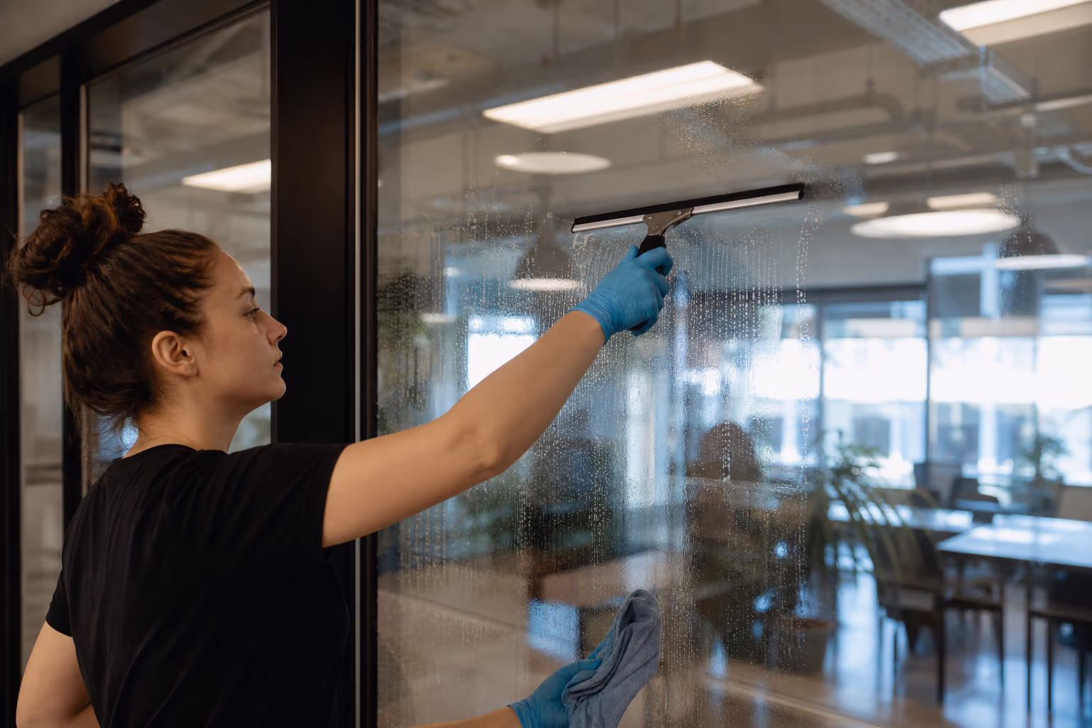 Gloved hands spraying a surface and wiping it with a cloth