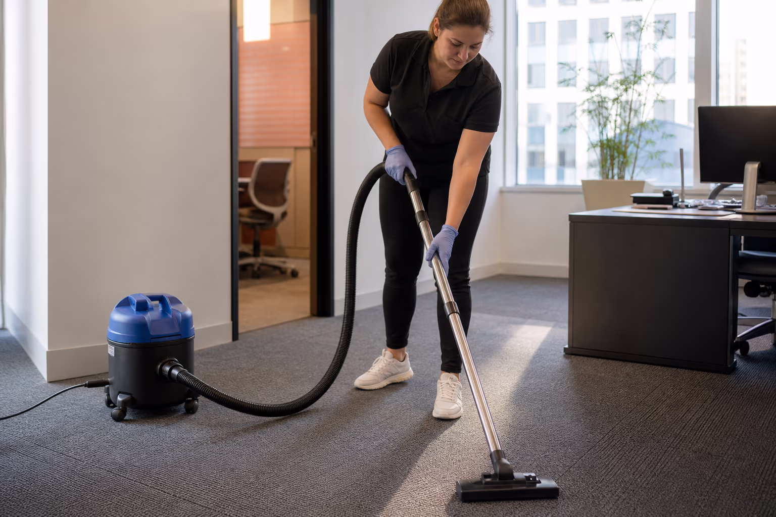 Gloved hands spraying a surface and wiping it with a cloth