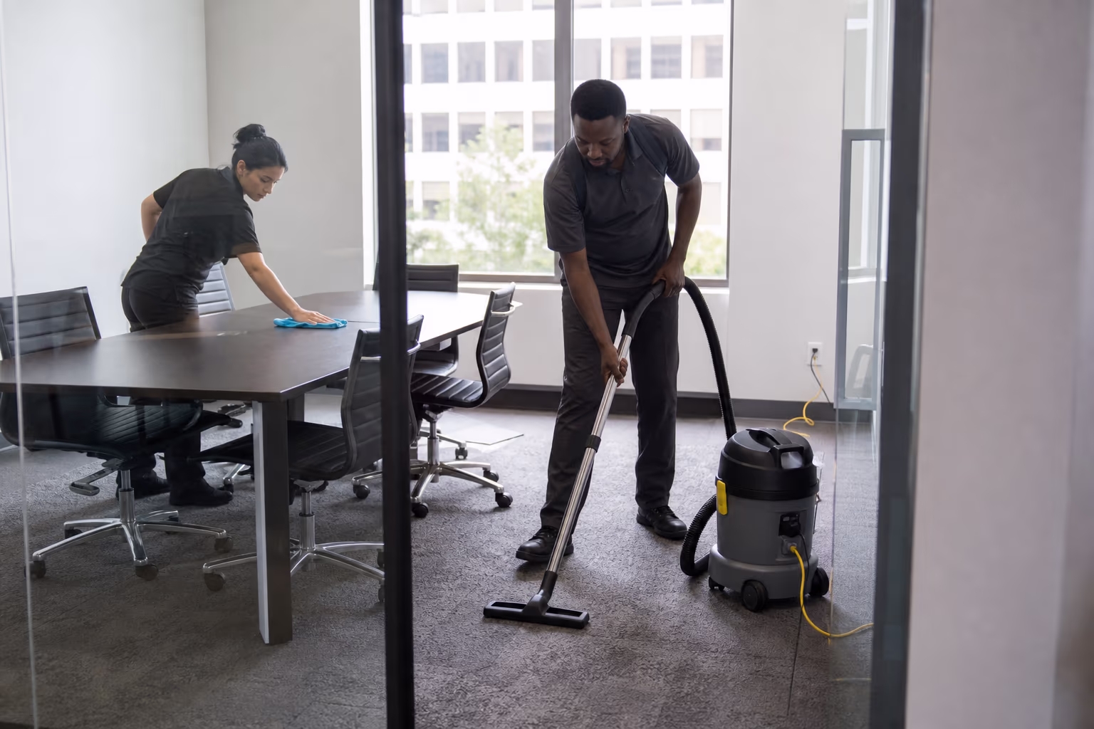 Cleaner vacuuming a meeting room carpet while another wipes the table