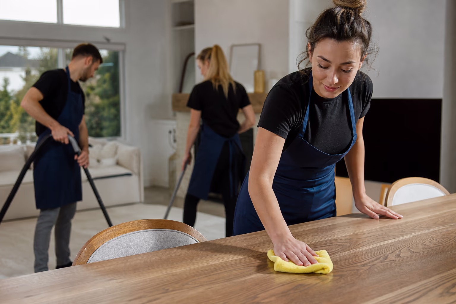 Three cleaners in aprons inside a bright room, one holding a folded cloth