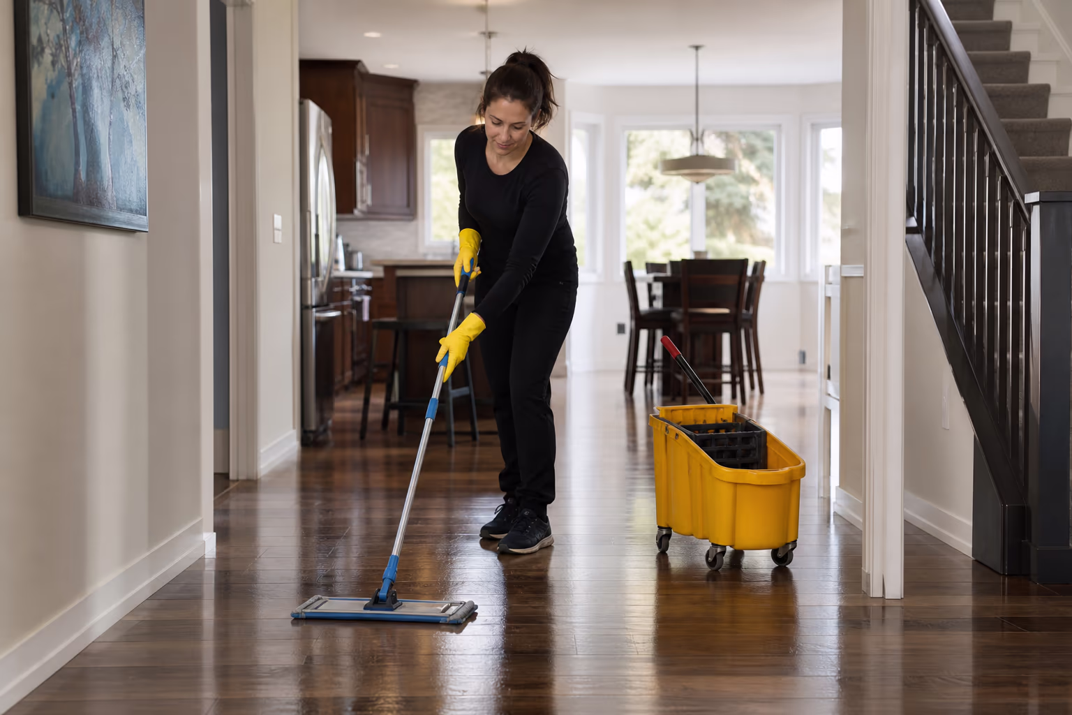 Mop and wheeled bucket on a polished floor