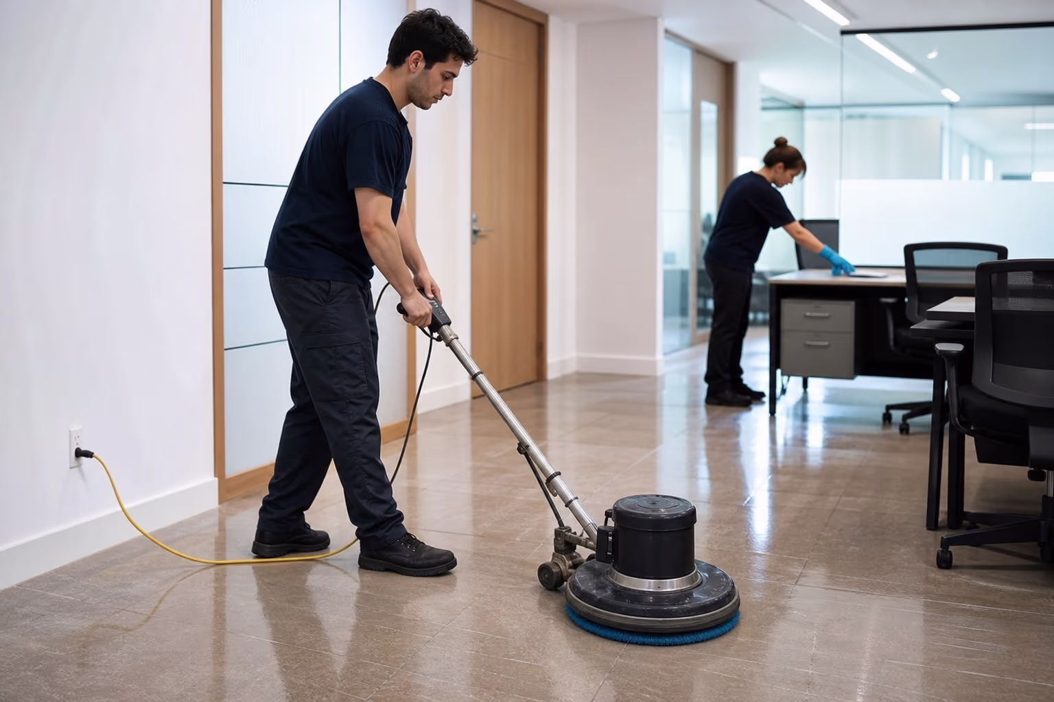 Two cleaners servicing an open-plan office