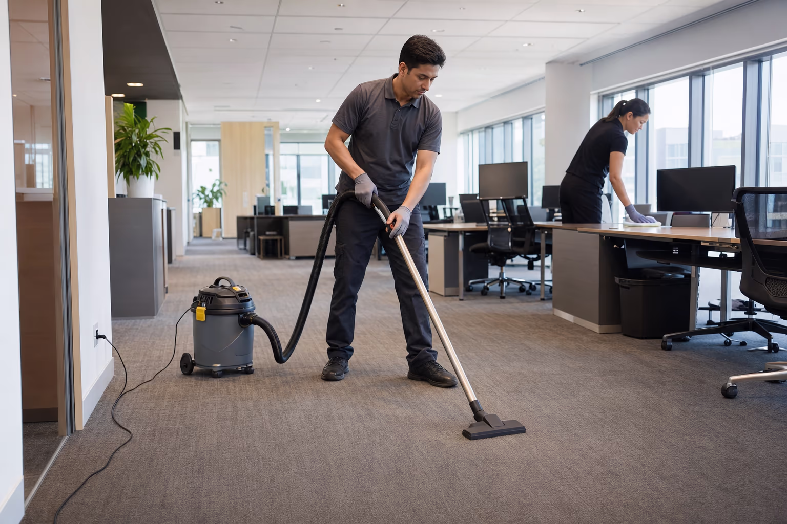 Two cleaners working an open-plan office, one vacuuming the carpet with a canister vacuum while the other wipes a desk.