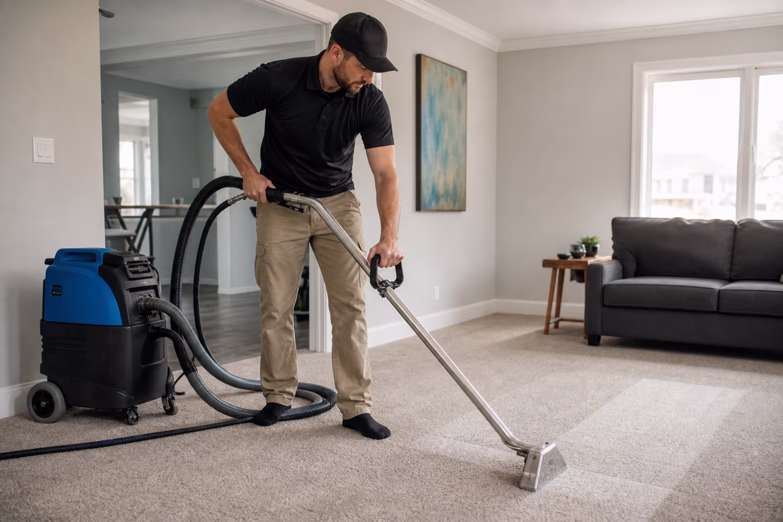 A cleaner drawing a hot-water extraction wand across a living-room carpet beside a portable extractor unit.