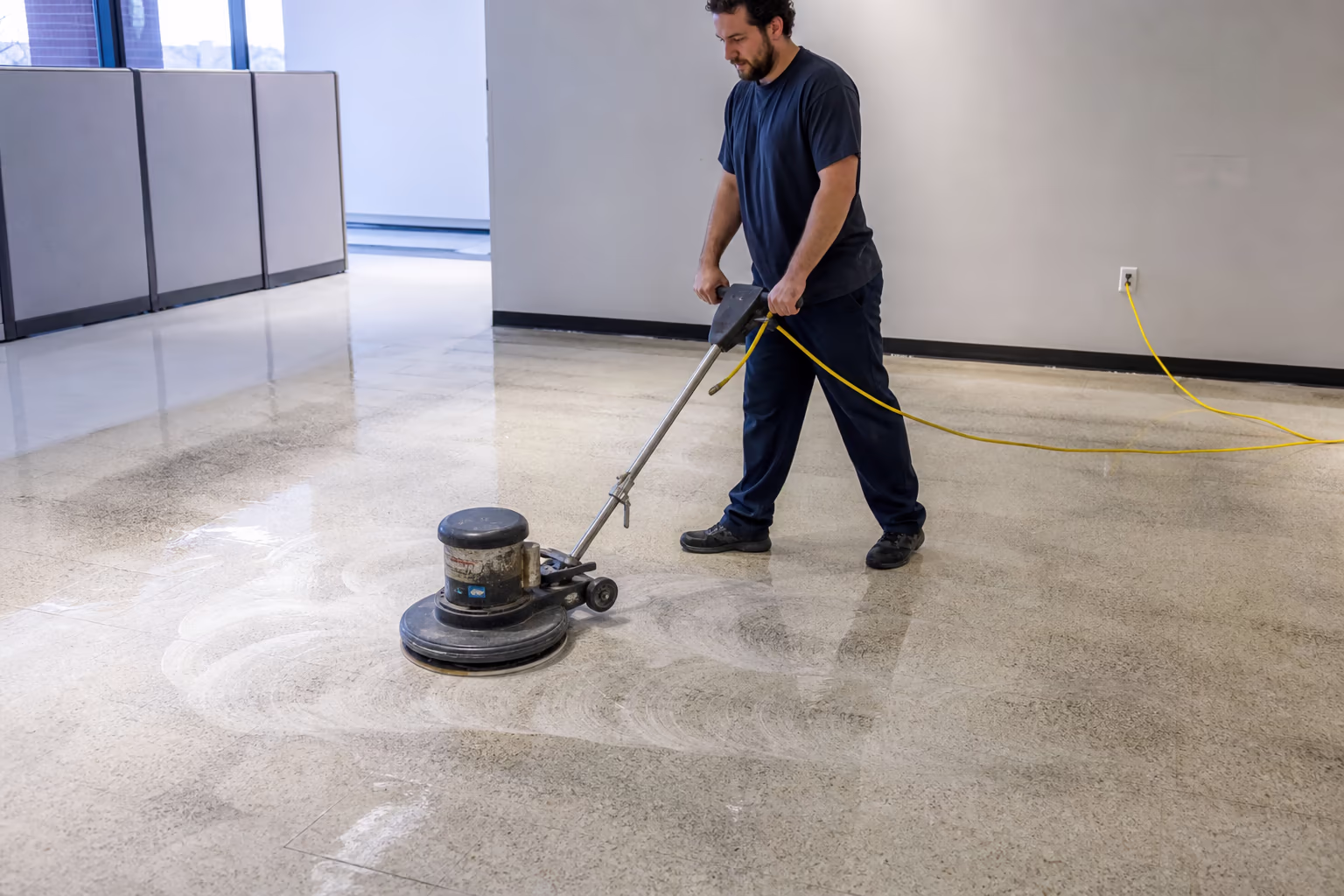 A floor machine buffing a stripped hard floor wet with stripping solution in an empty commercial room.