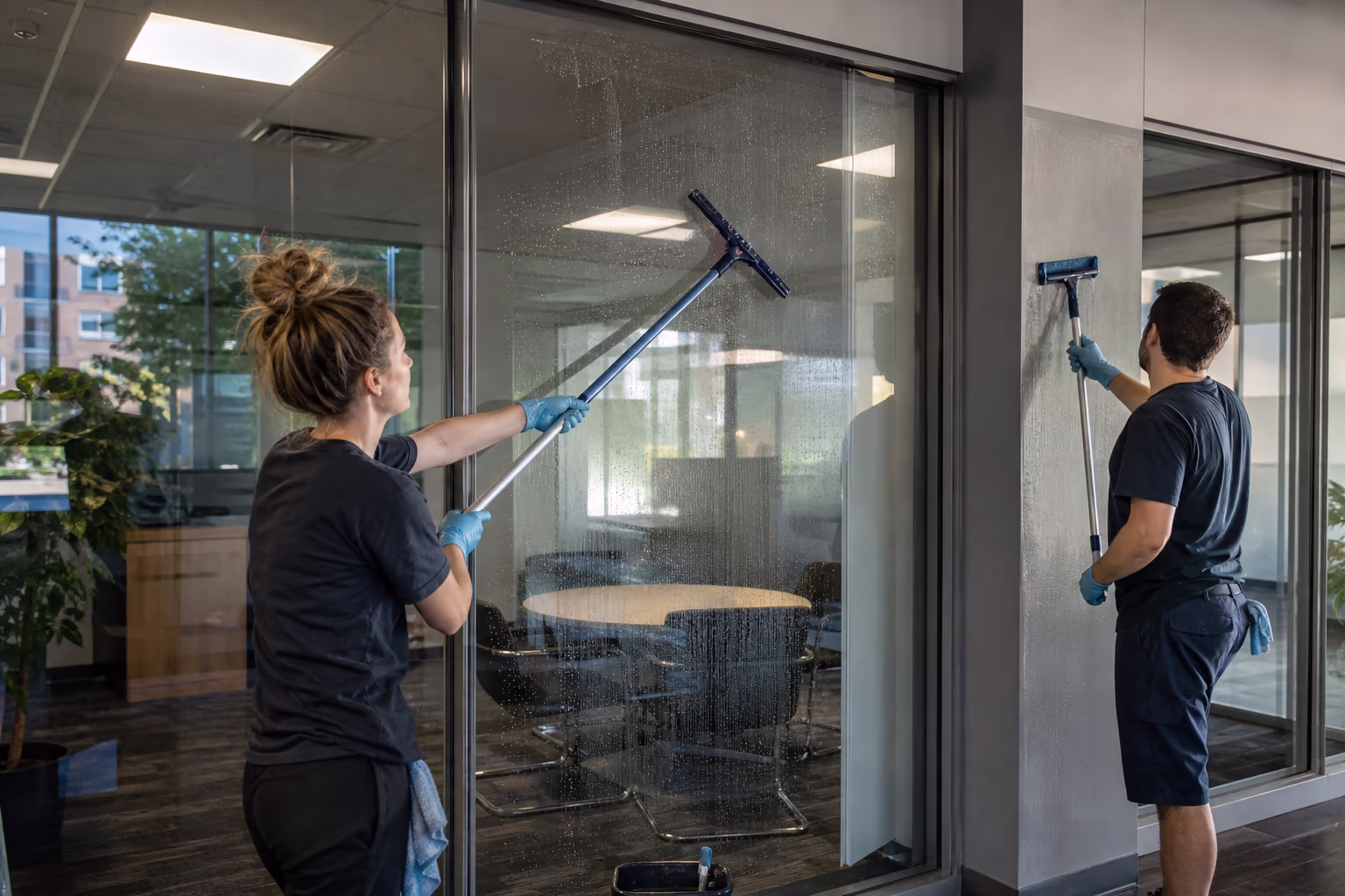 Two cleaners polishing a glass office wall