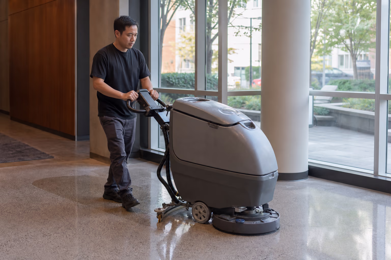Operator using a floor scrubber on a hard floor