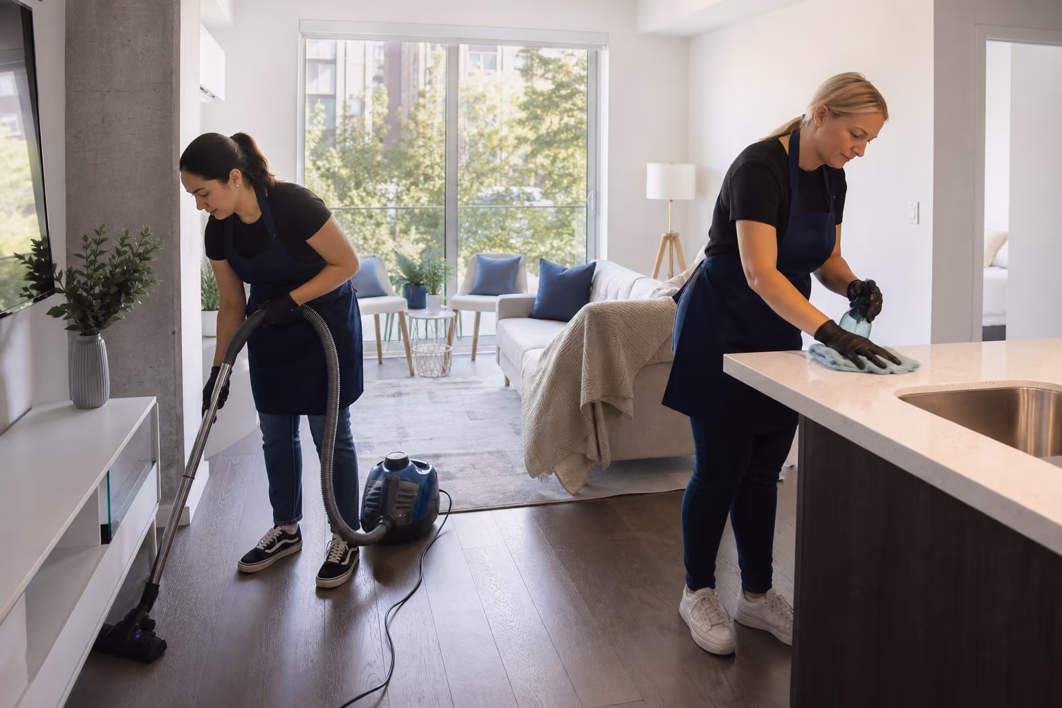Three cleaners in aprons inside a bright room