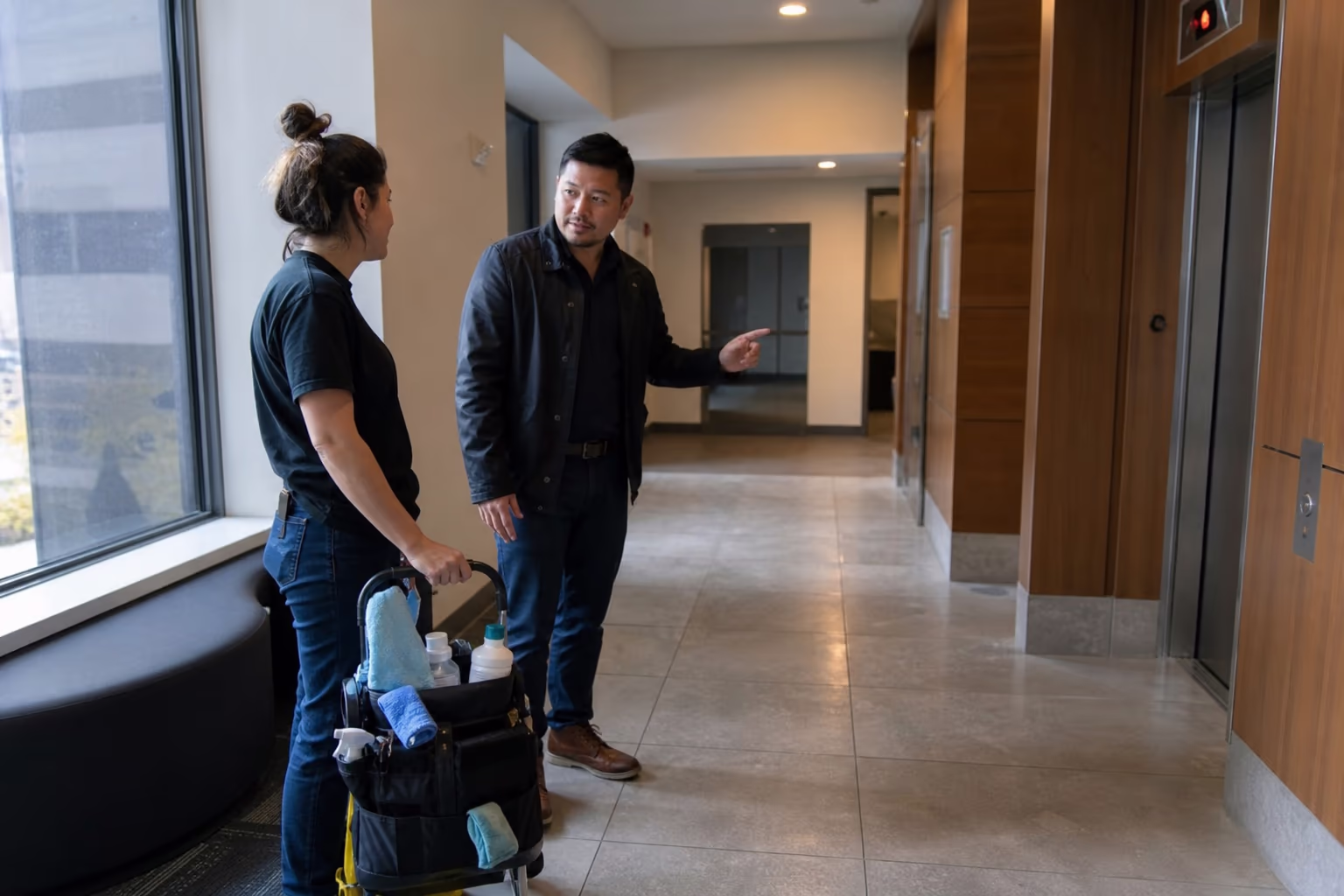 Cleaner and property manager reviewing a common area together