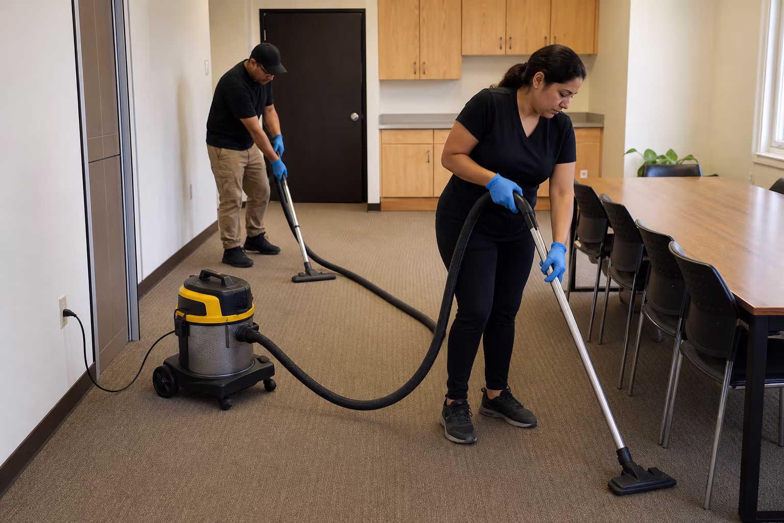 Two cleaners vacuuming carpet around tables and chairs
