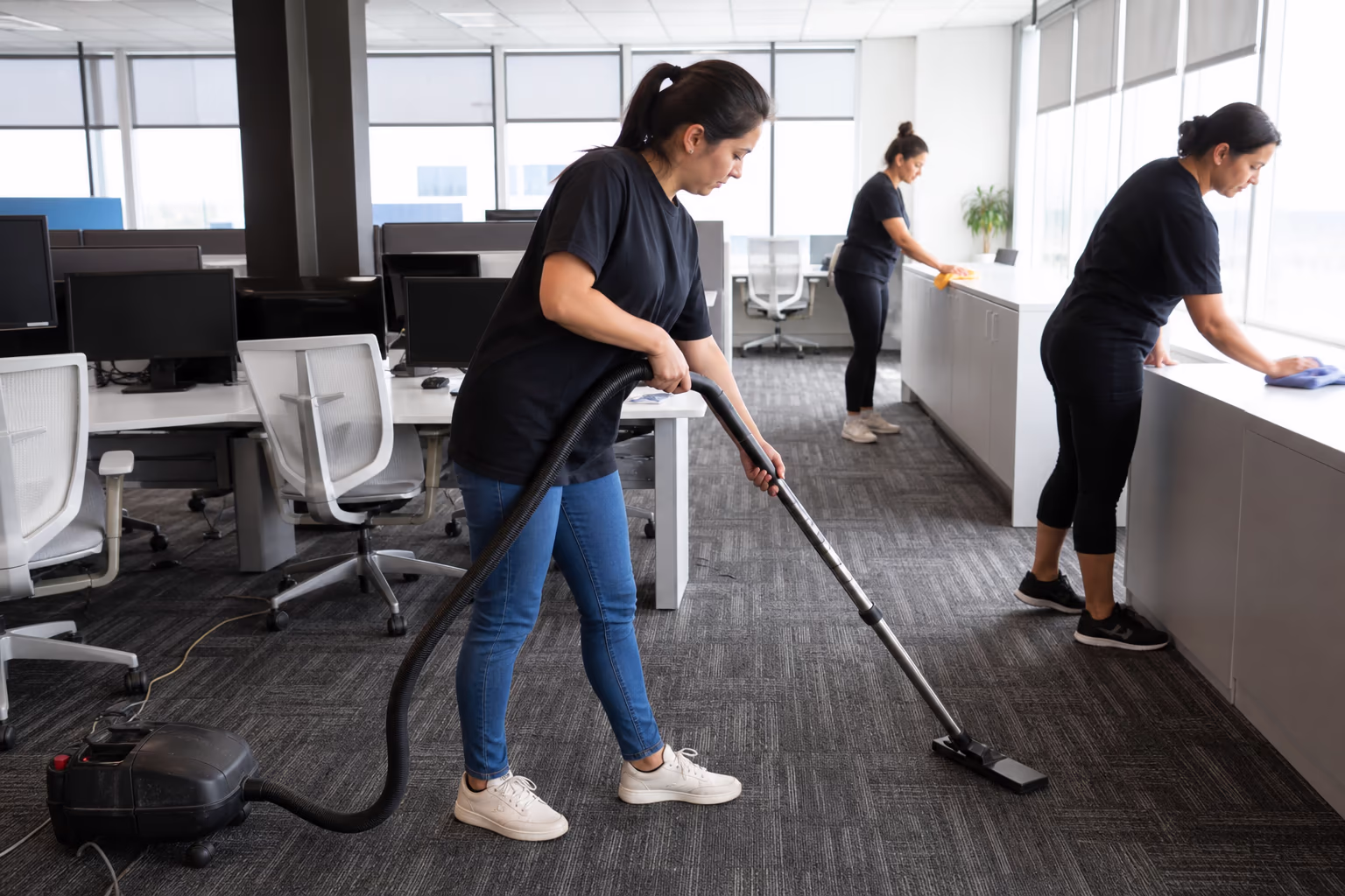 Three cleaners vacuuming and wiping surfaces in a bright office
