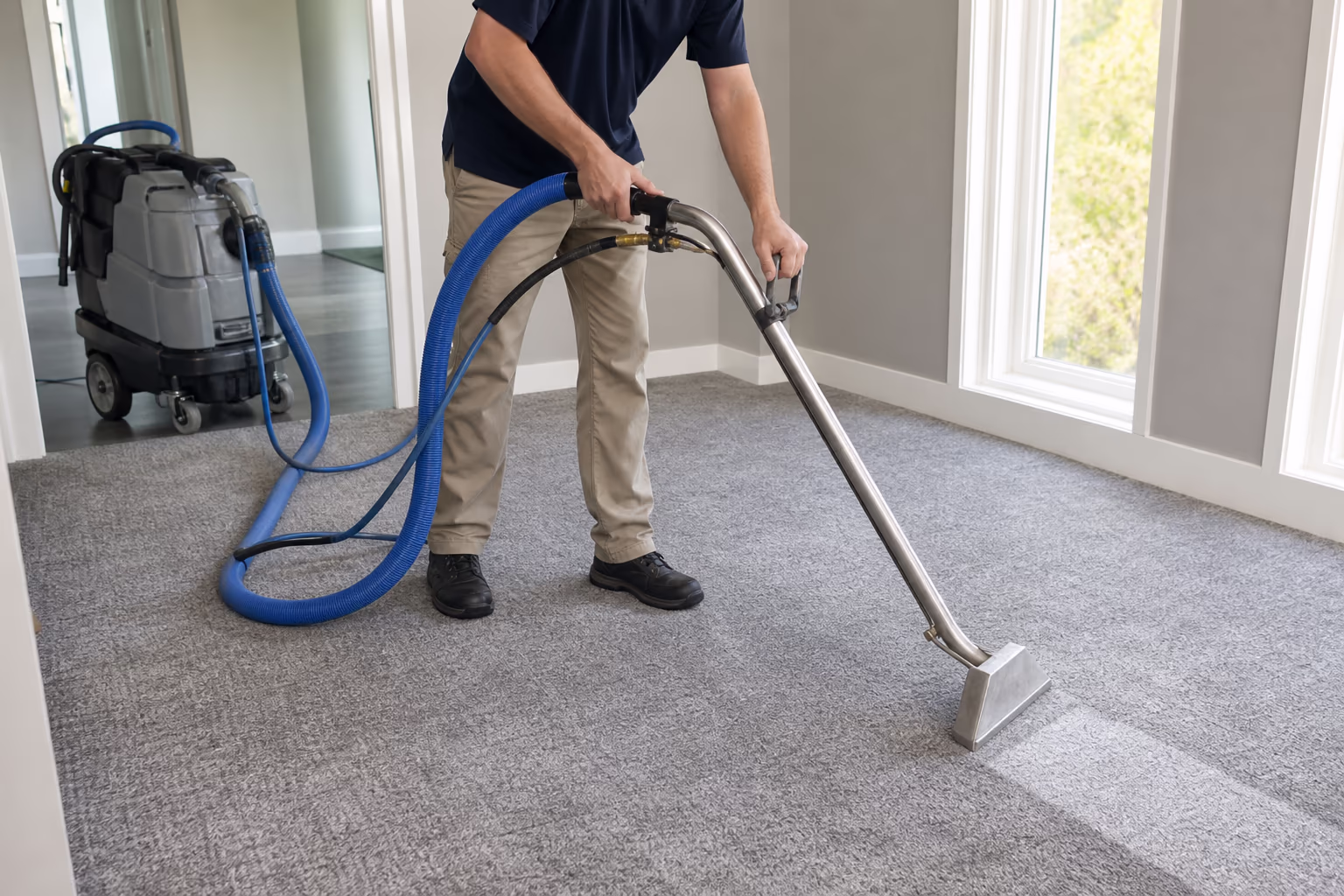 Carpet cleaner running a steam extraction wand across a carpet