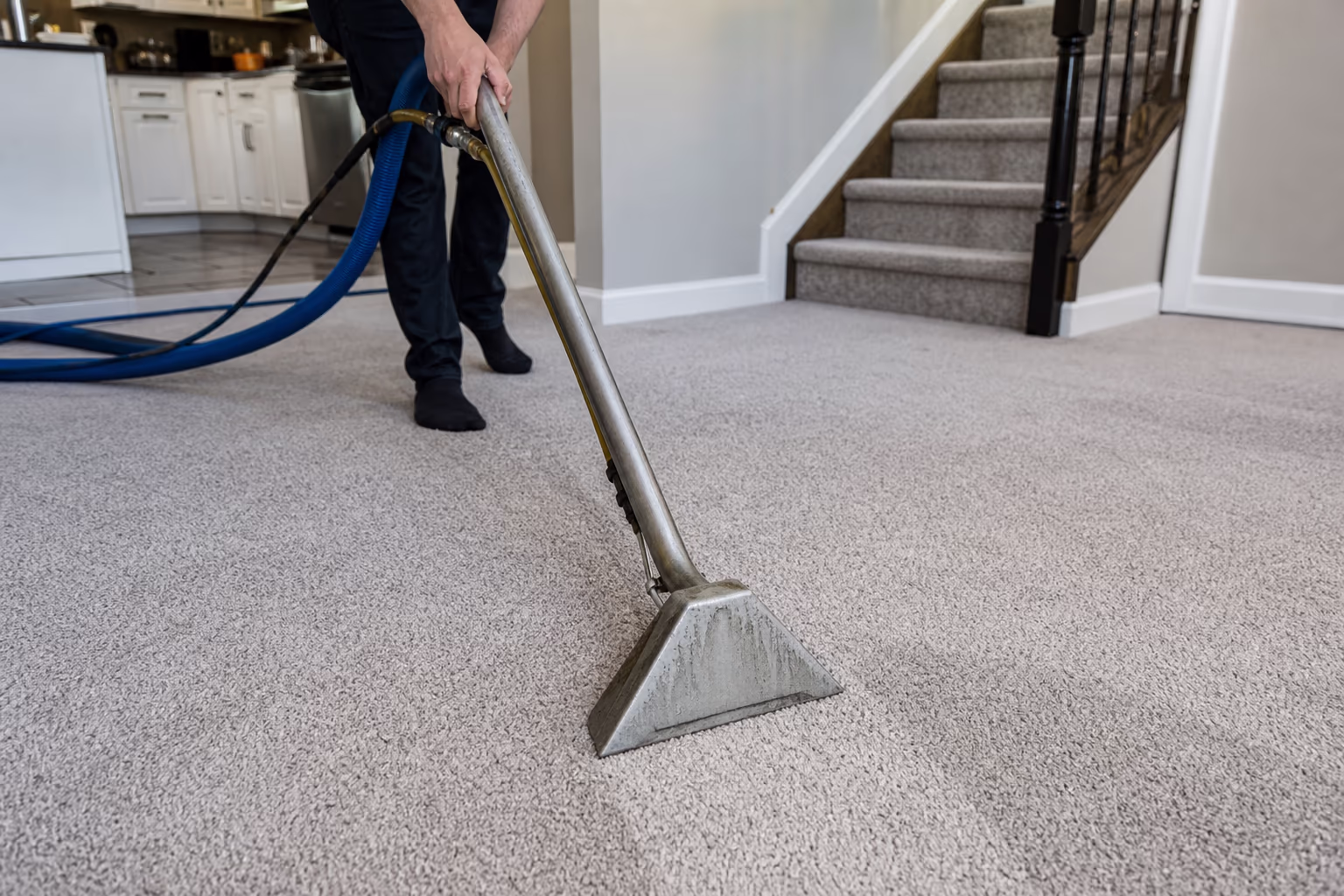 Close view of a carpet cleaning wand on carpet fibres